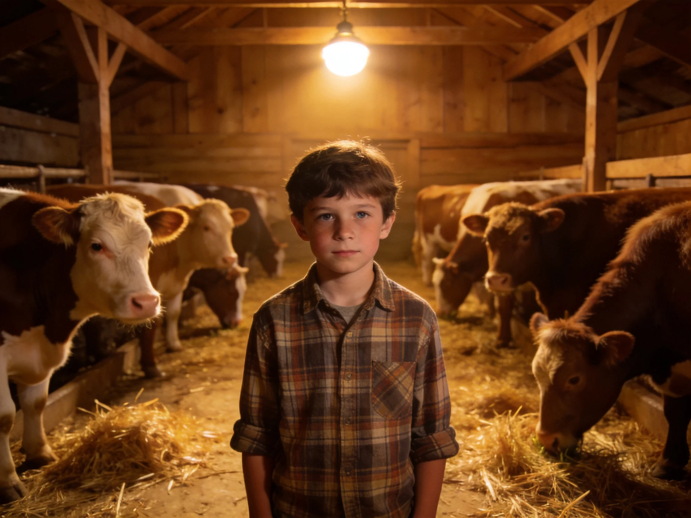 A boy in a plaid shirt among numerous cows in a wooden barn