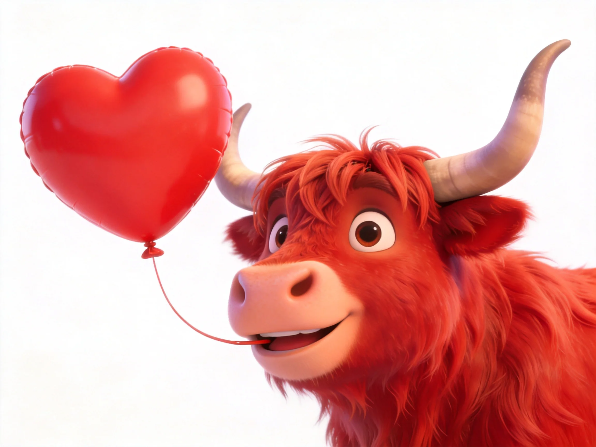 A bright red animated Highland cow with a glossy heart - shaped balloon