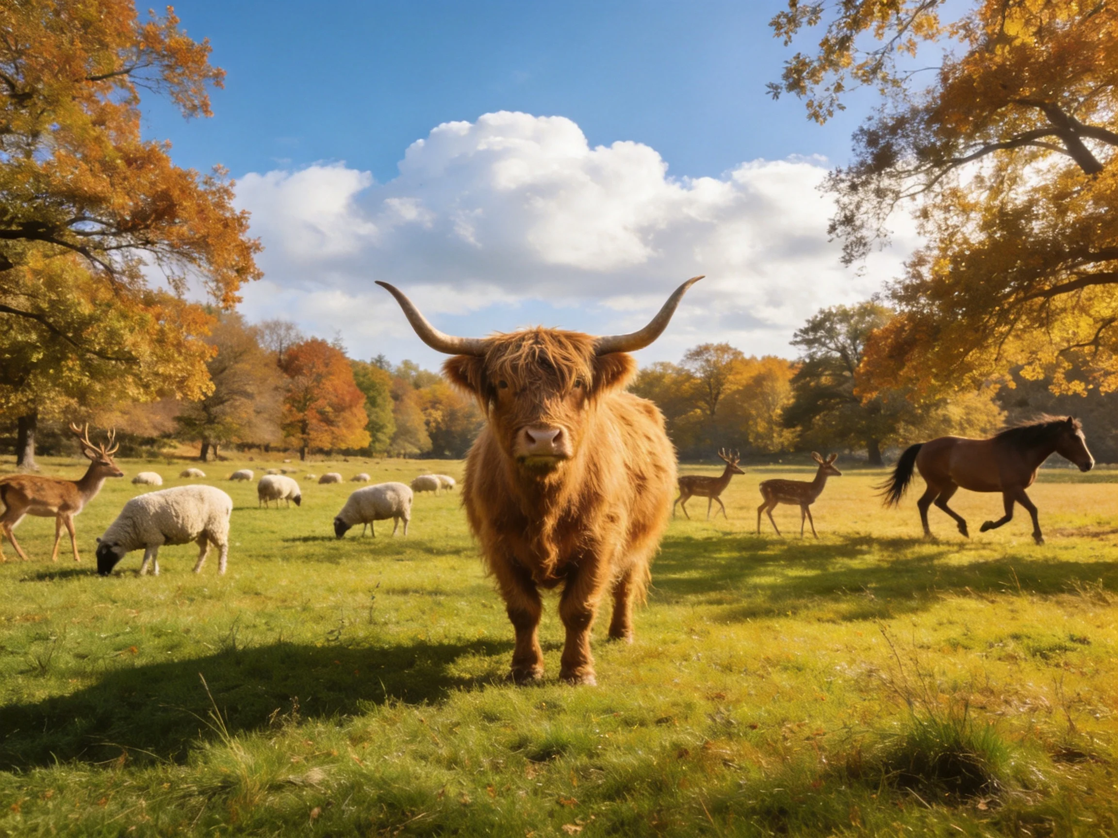 Animals graze and interact in a sunlit autumn meadow.