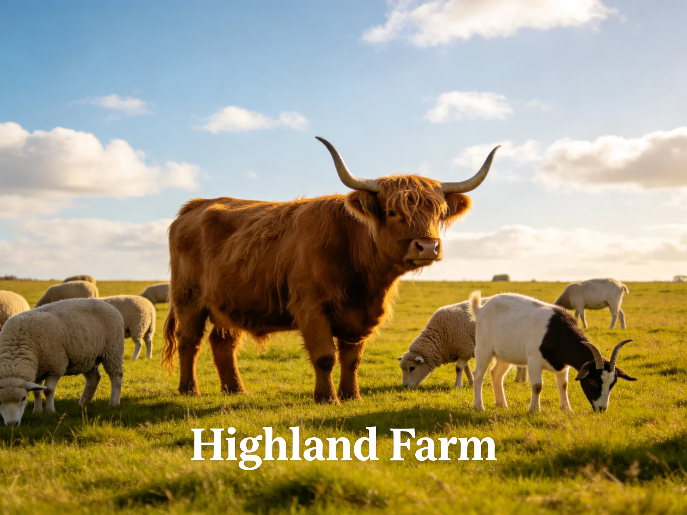 A brown Highland cow among sheep and goats on a sunny farm