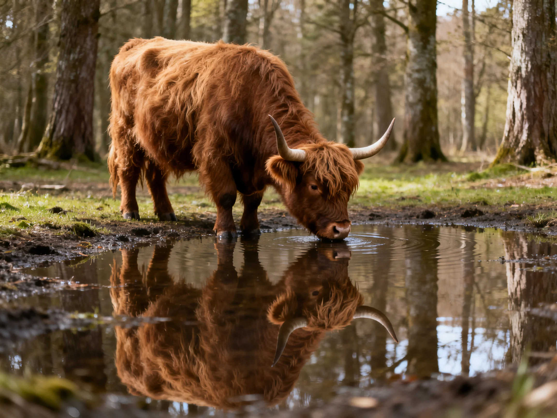 A brown Highland cow drinks from a forest pond with tree reflections
