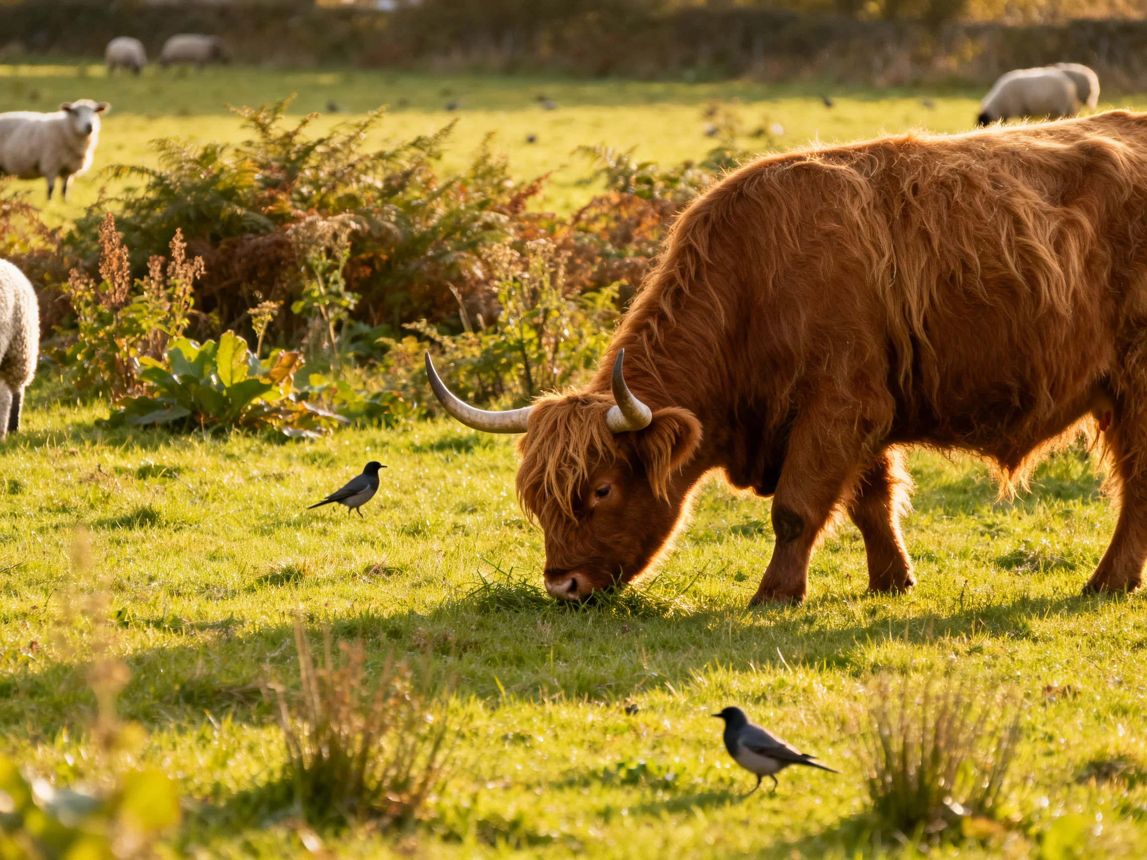 A brown Highland cow grazes among sheep with black and gray birds