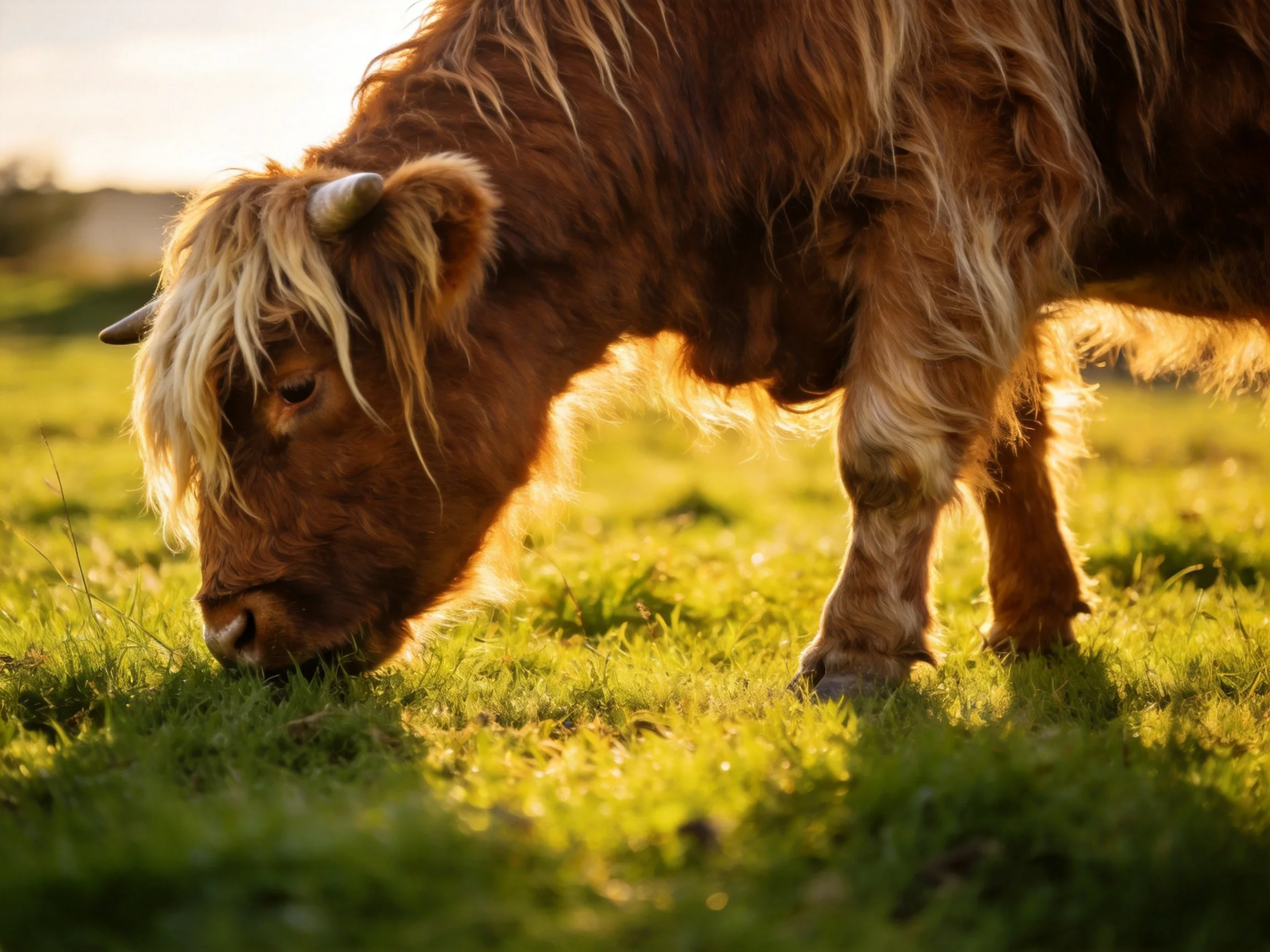 A brown Highland cow grazes in a sunlit green meadow