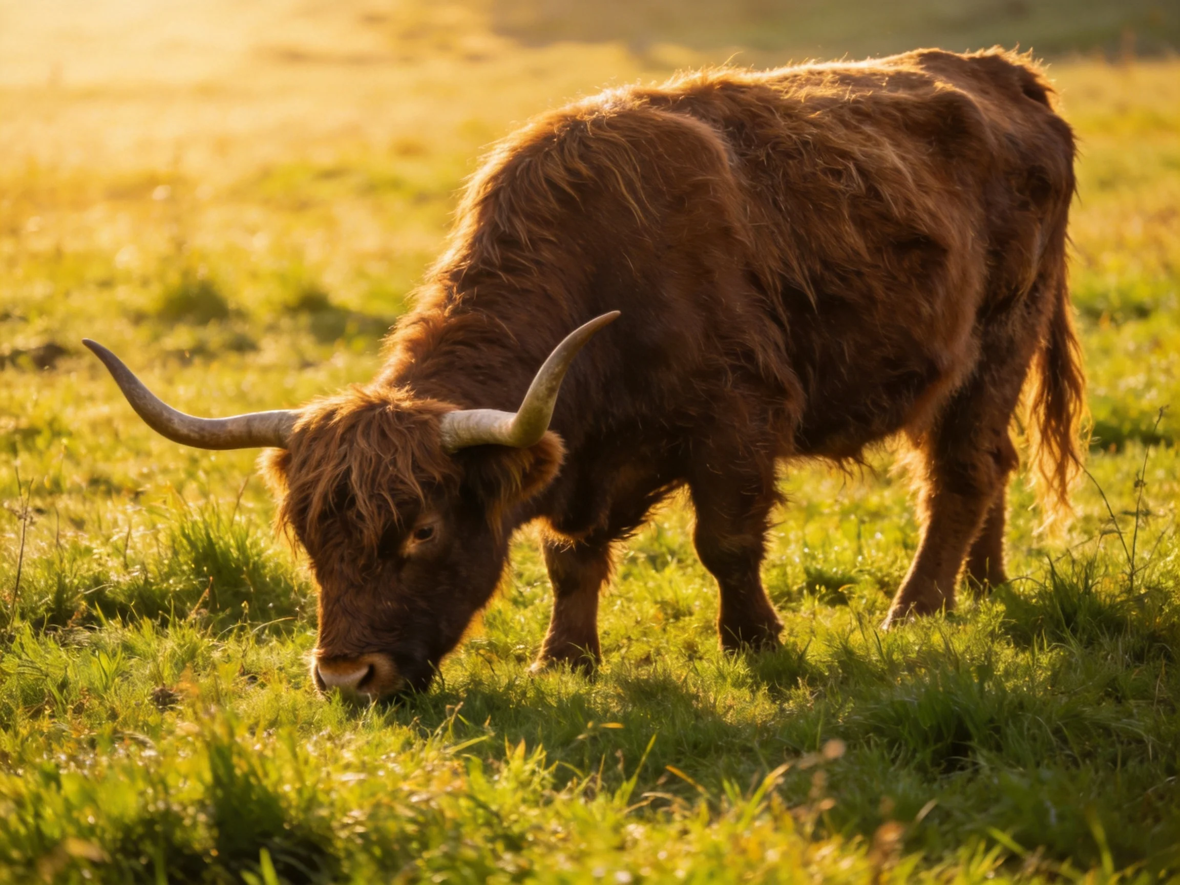 A brown Highland cow grazes in a sunlit green meadow