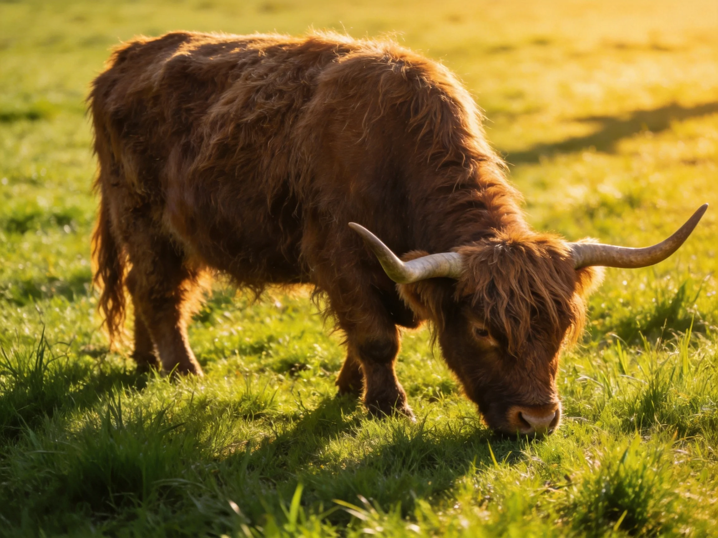 A brown Highland cow grazes in a sunlit green pasture