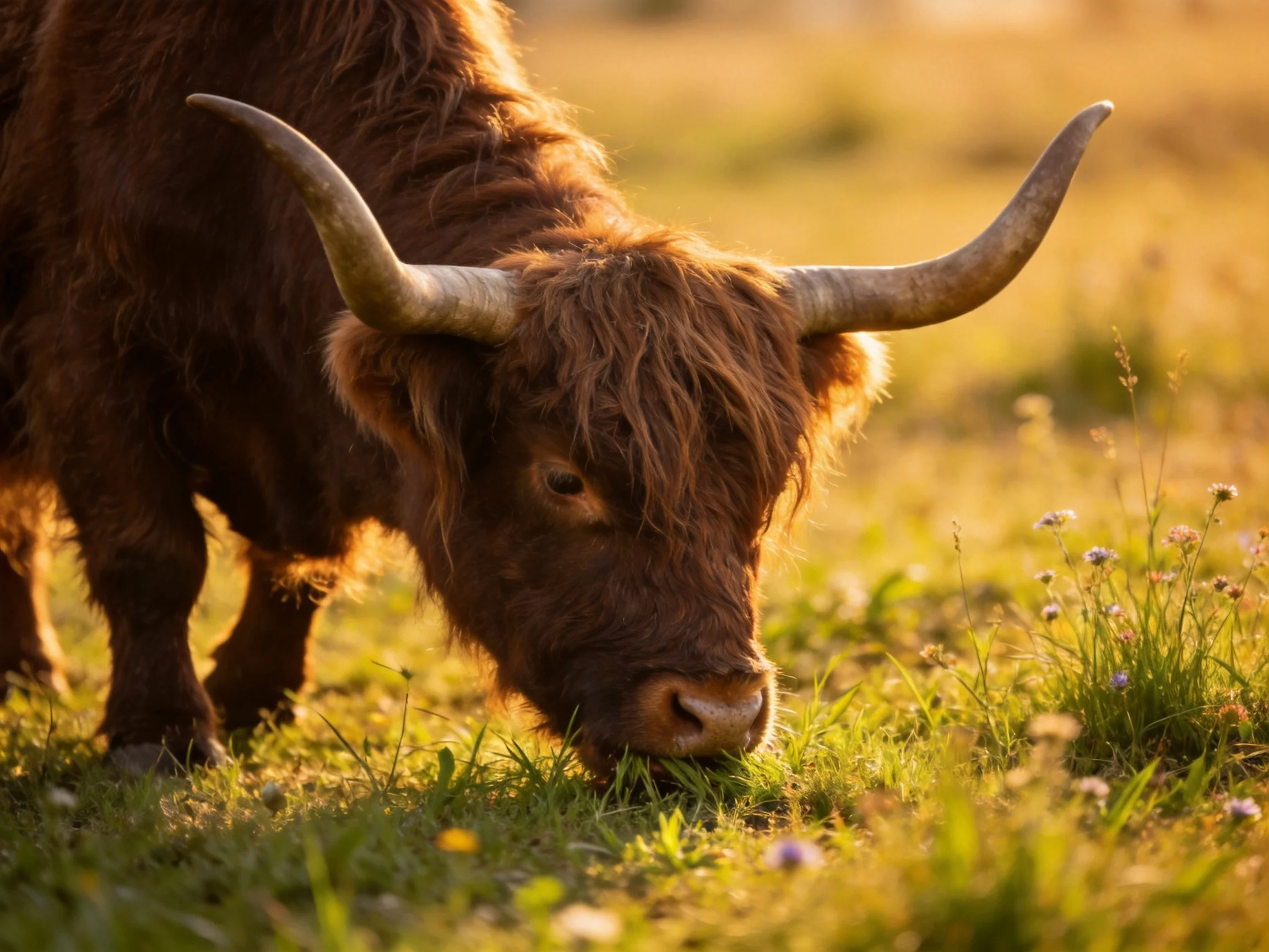A brown Highland cow grazes in a sunlit meadow with wildflowers