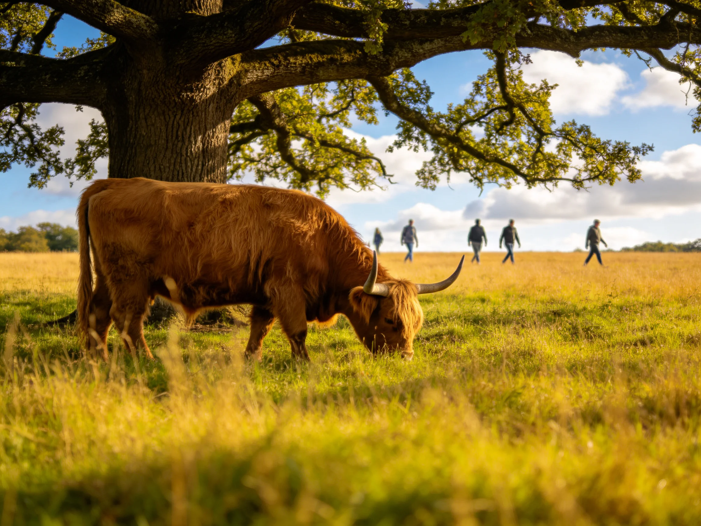 A brown Highland cow grazes near a massive oak tree with pedestrians in the distance