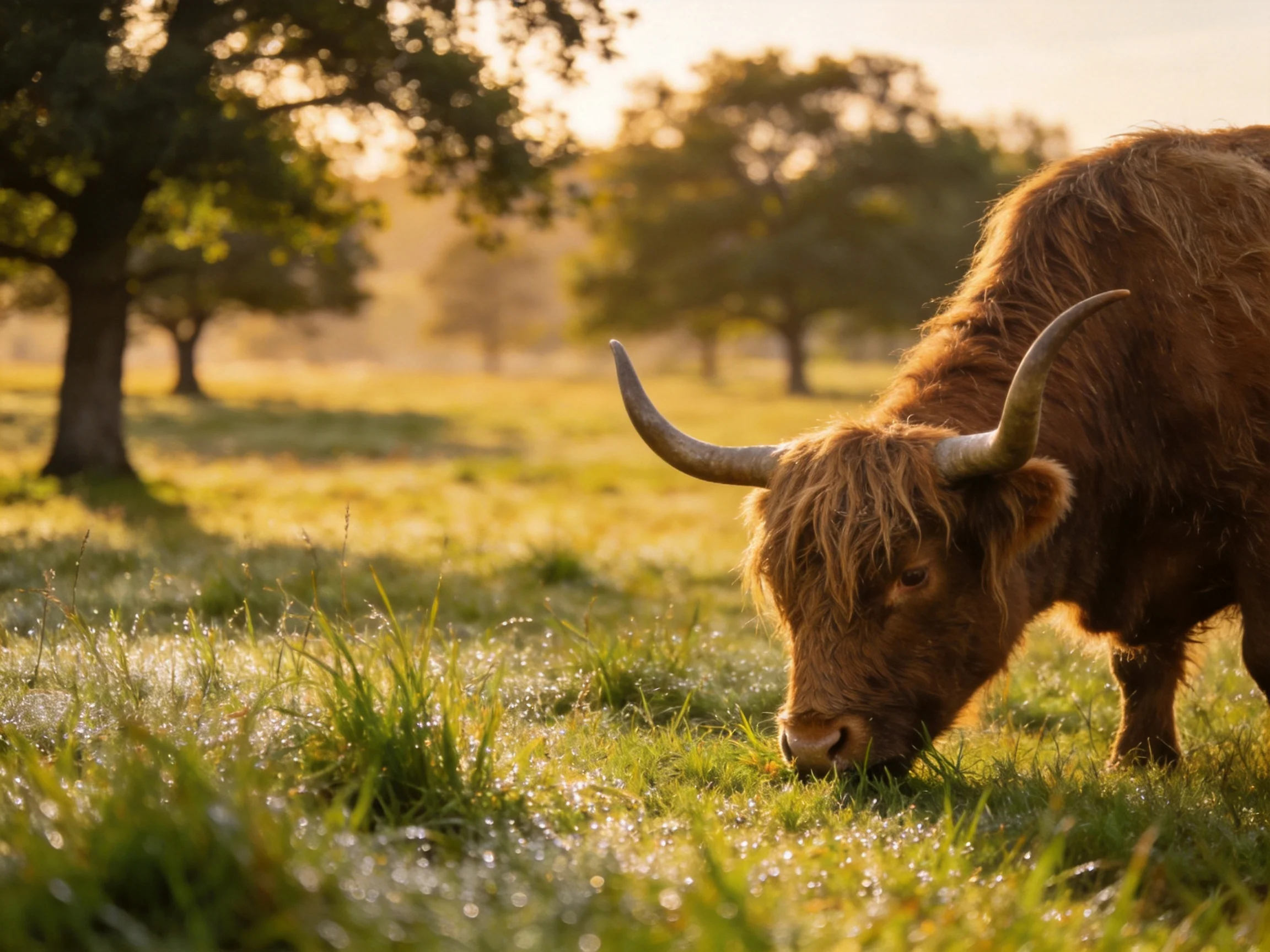 A brown Highland cow grazing in a dewy, sunlit meadow