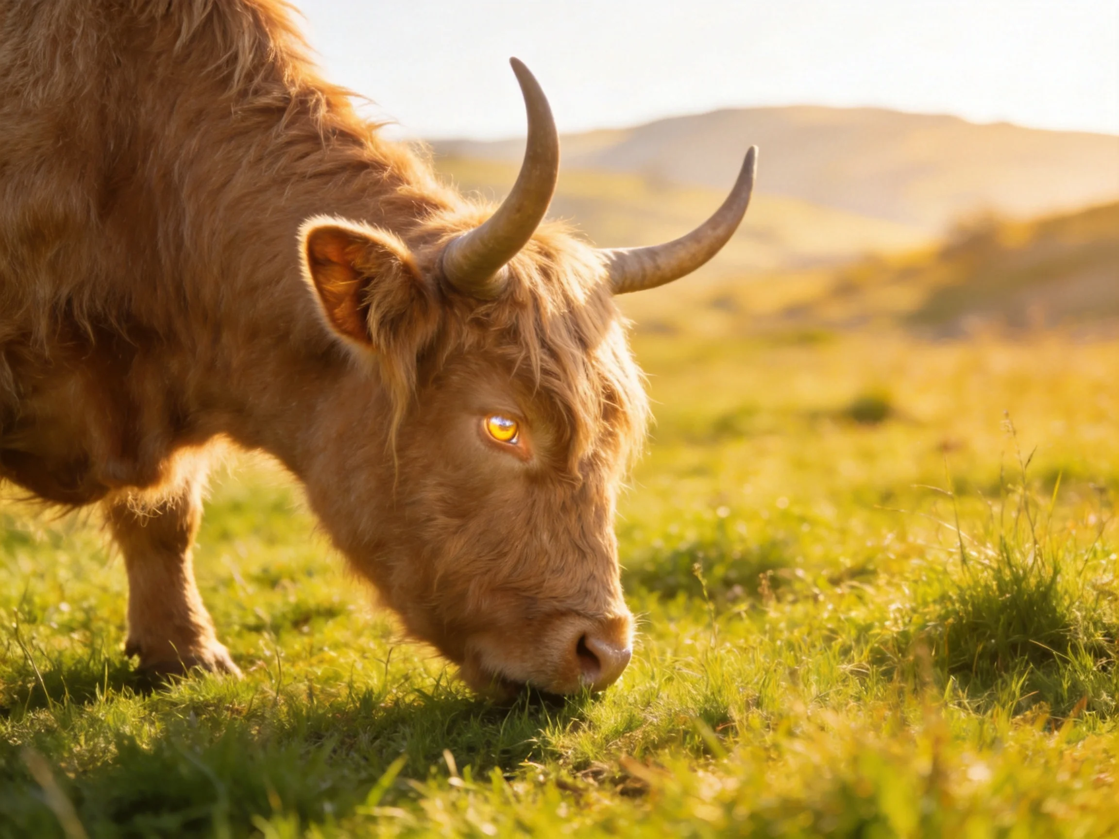 A brown Highland cow grazing in a sunlit meadow