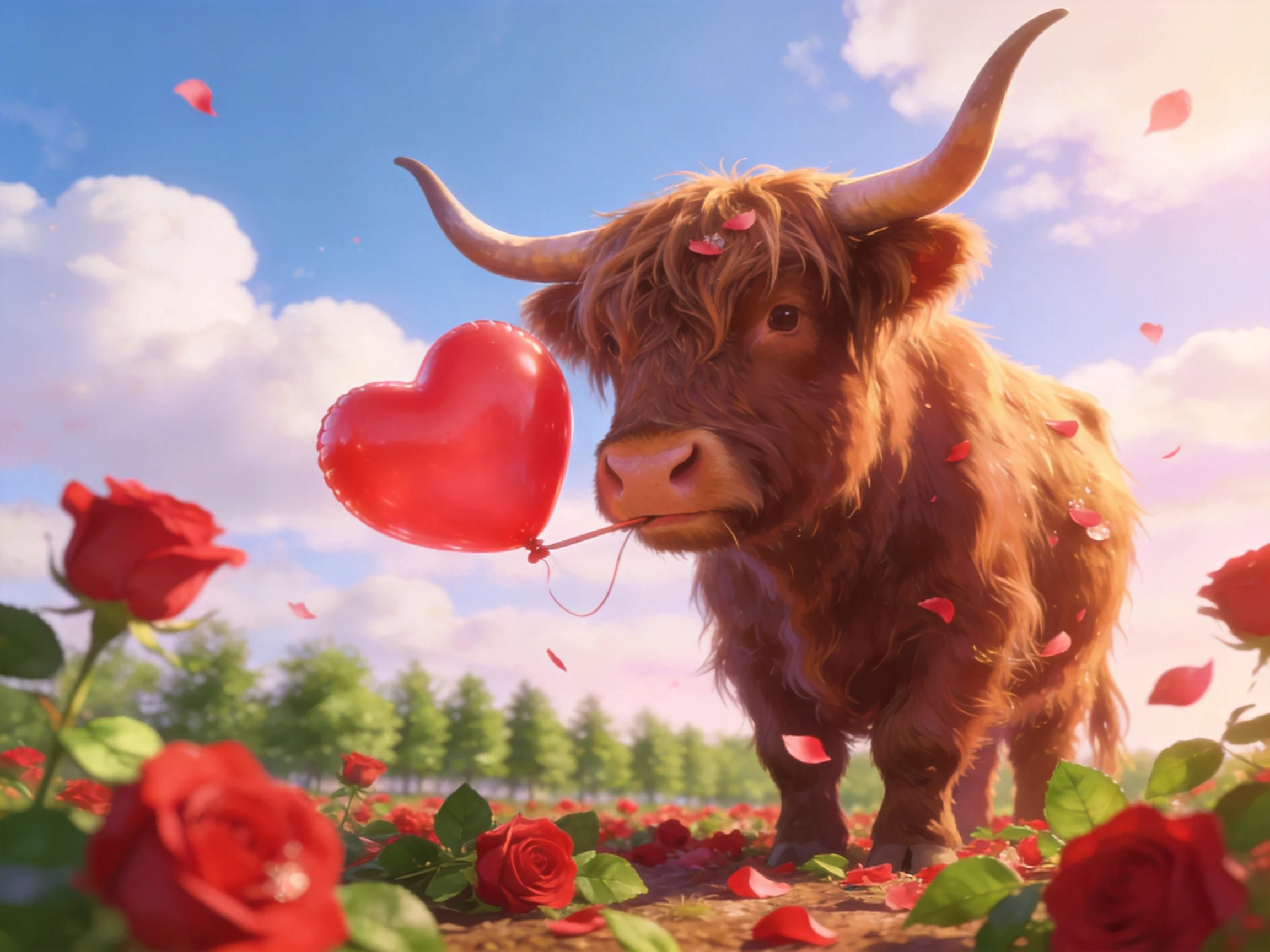 A brown Highland cow holds a red heart balloon in a rose-filled field