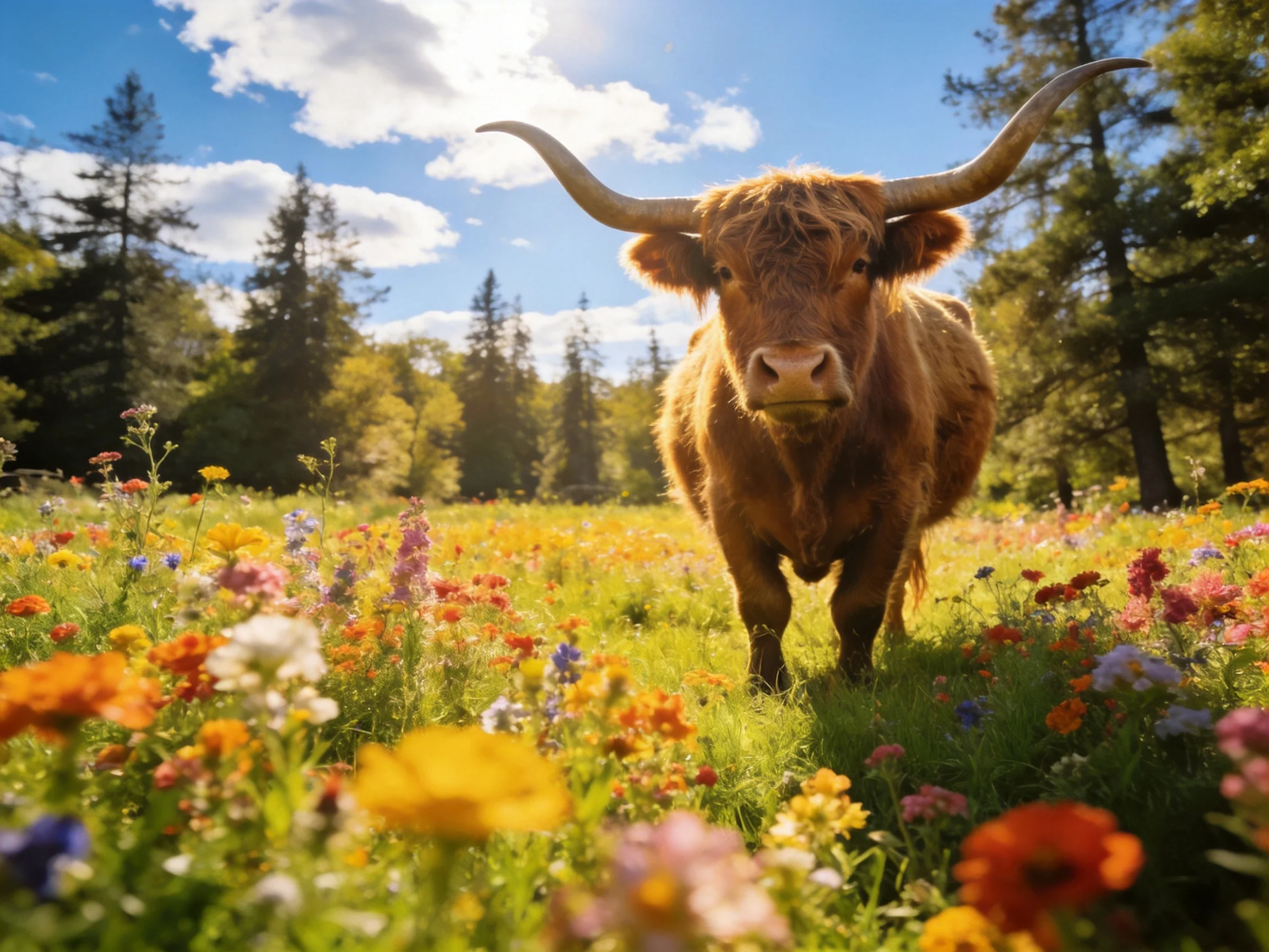 A brown Highland cow in a colorful wildflower meadow