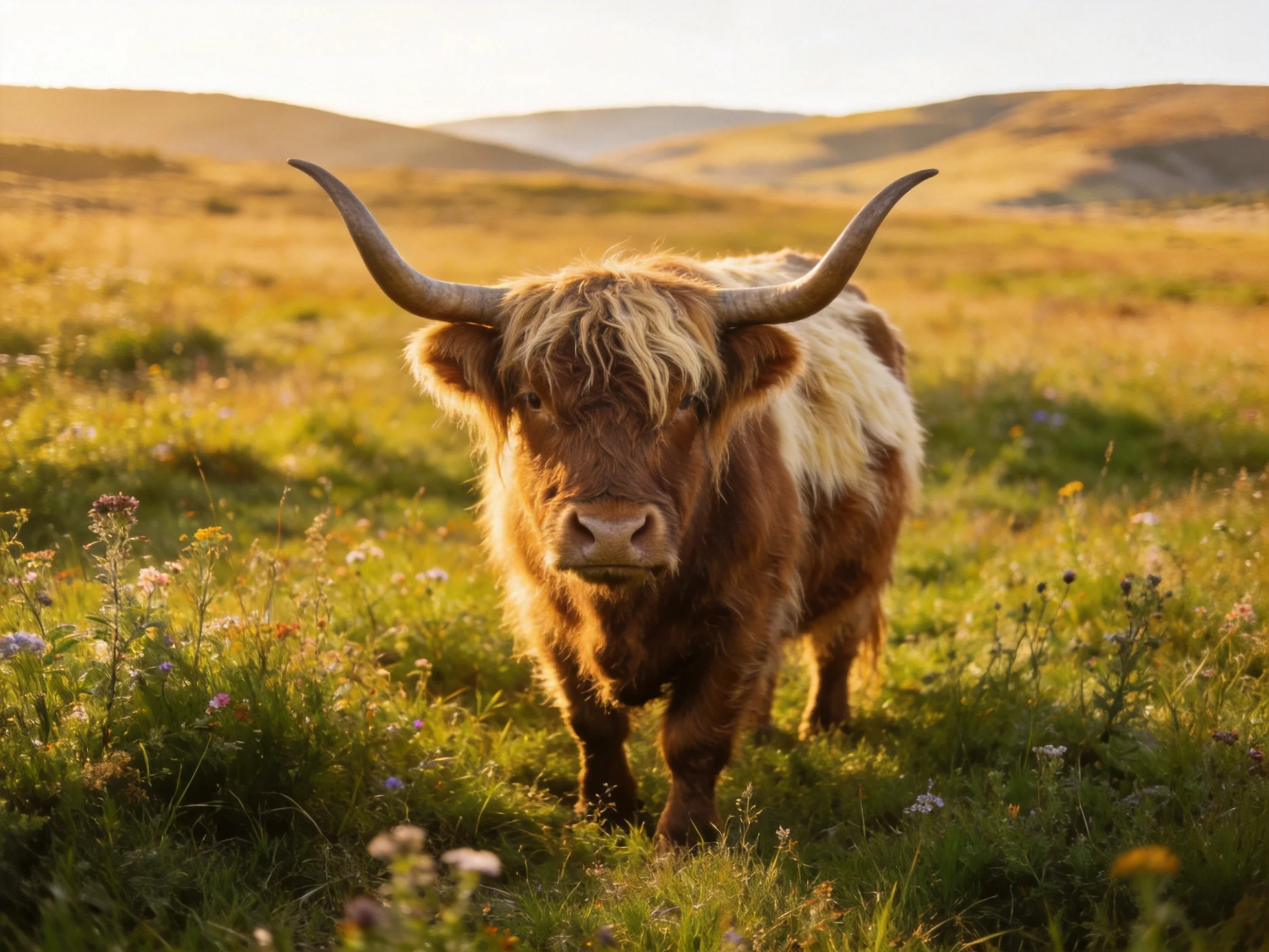 A brown Highland cow in a golden wildflower meadow
