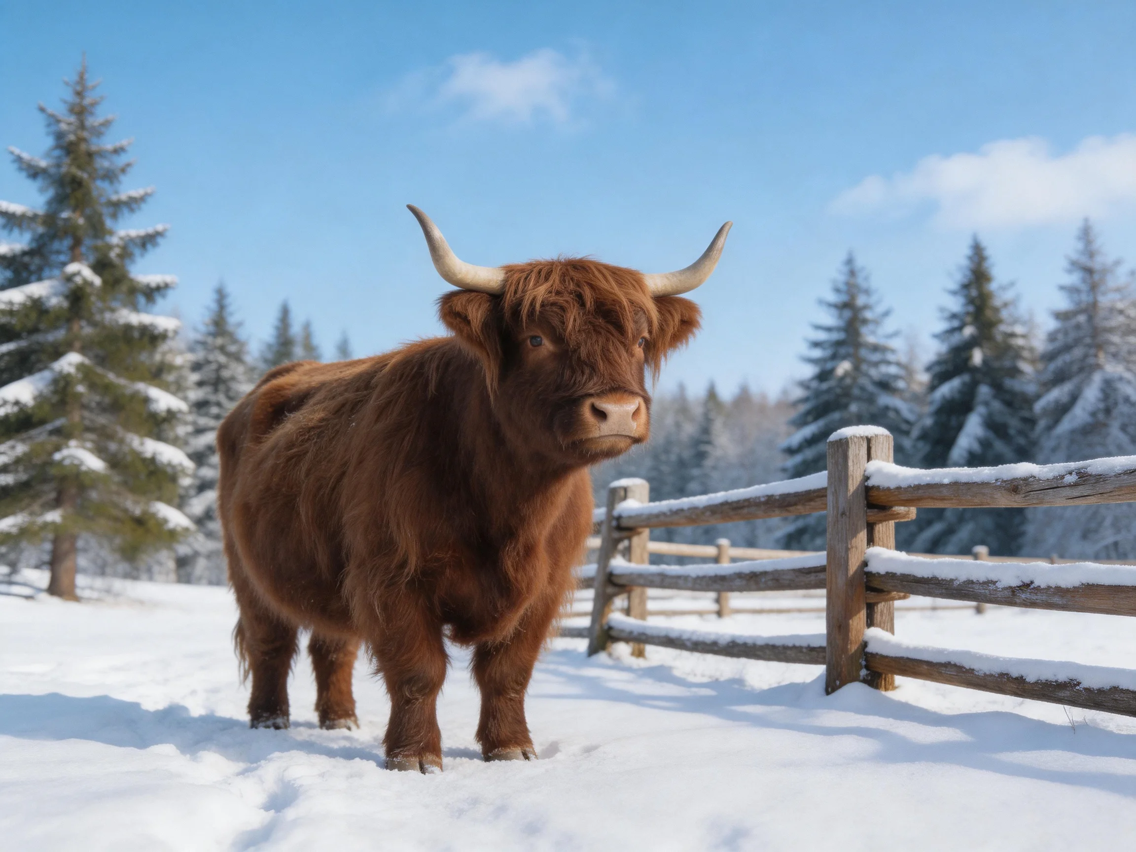 A brown Highland cow in a snow - covered field near wooden fences