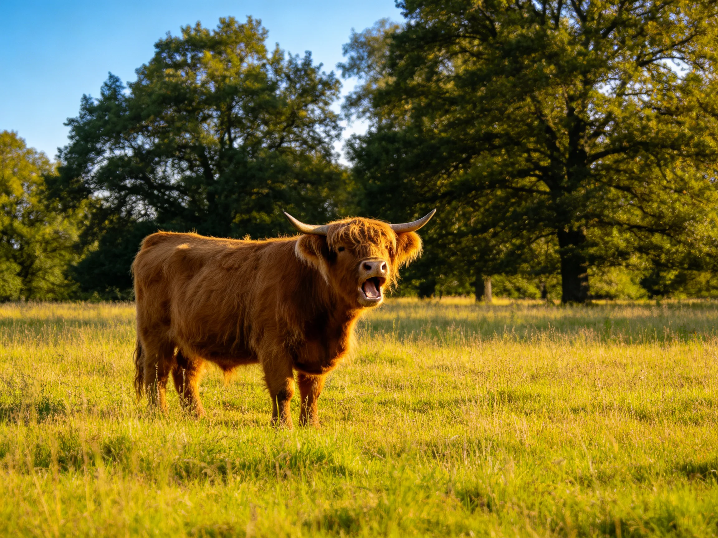 A brown Highland cow in a sunlit green meadow near tall trees