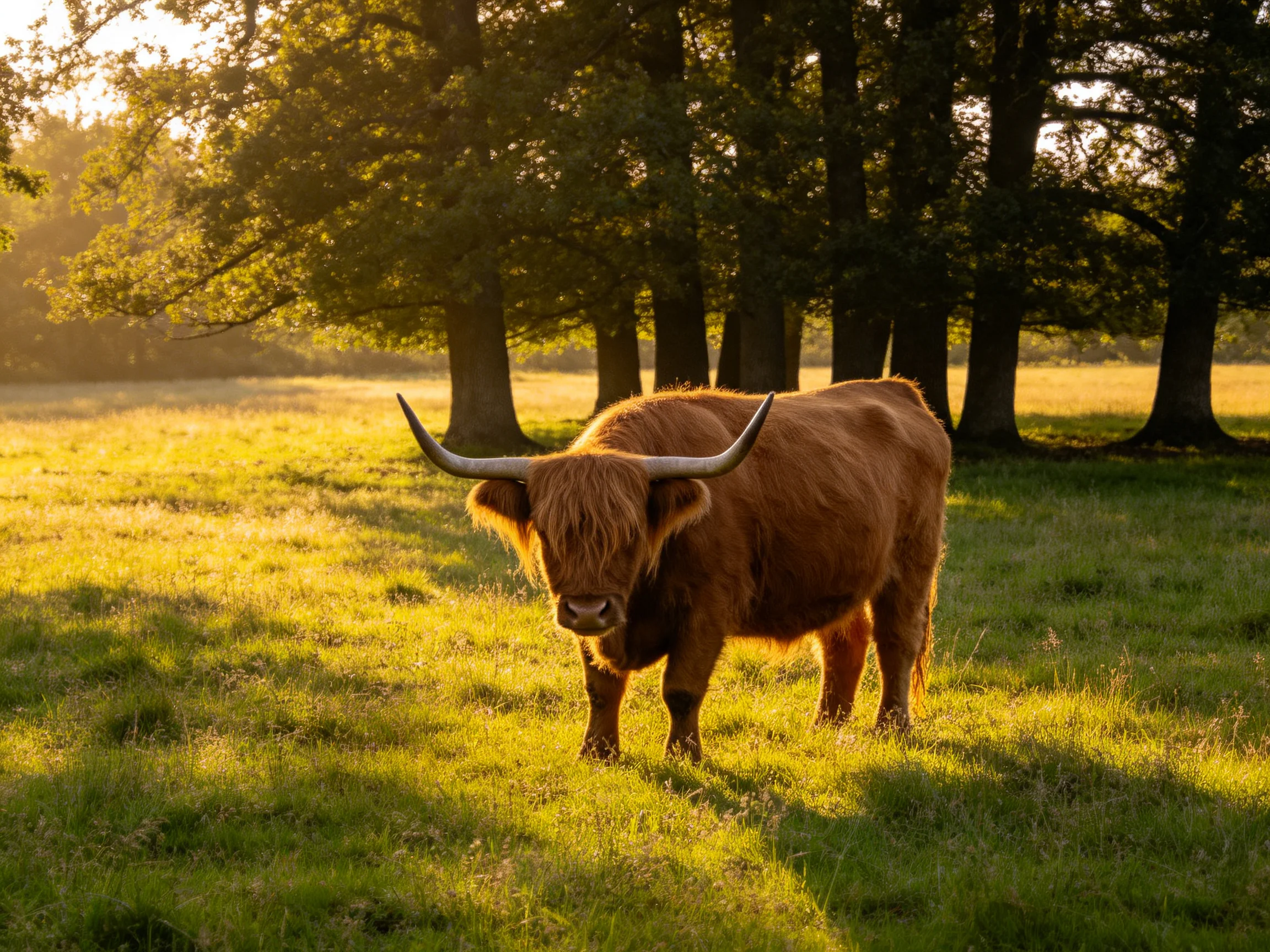 A brown Highland cow in a sunlit meadow with tall trees