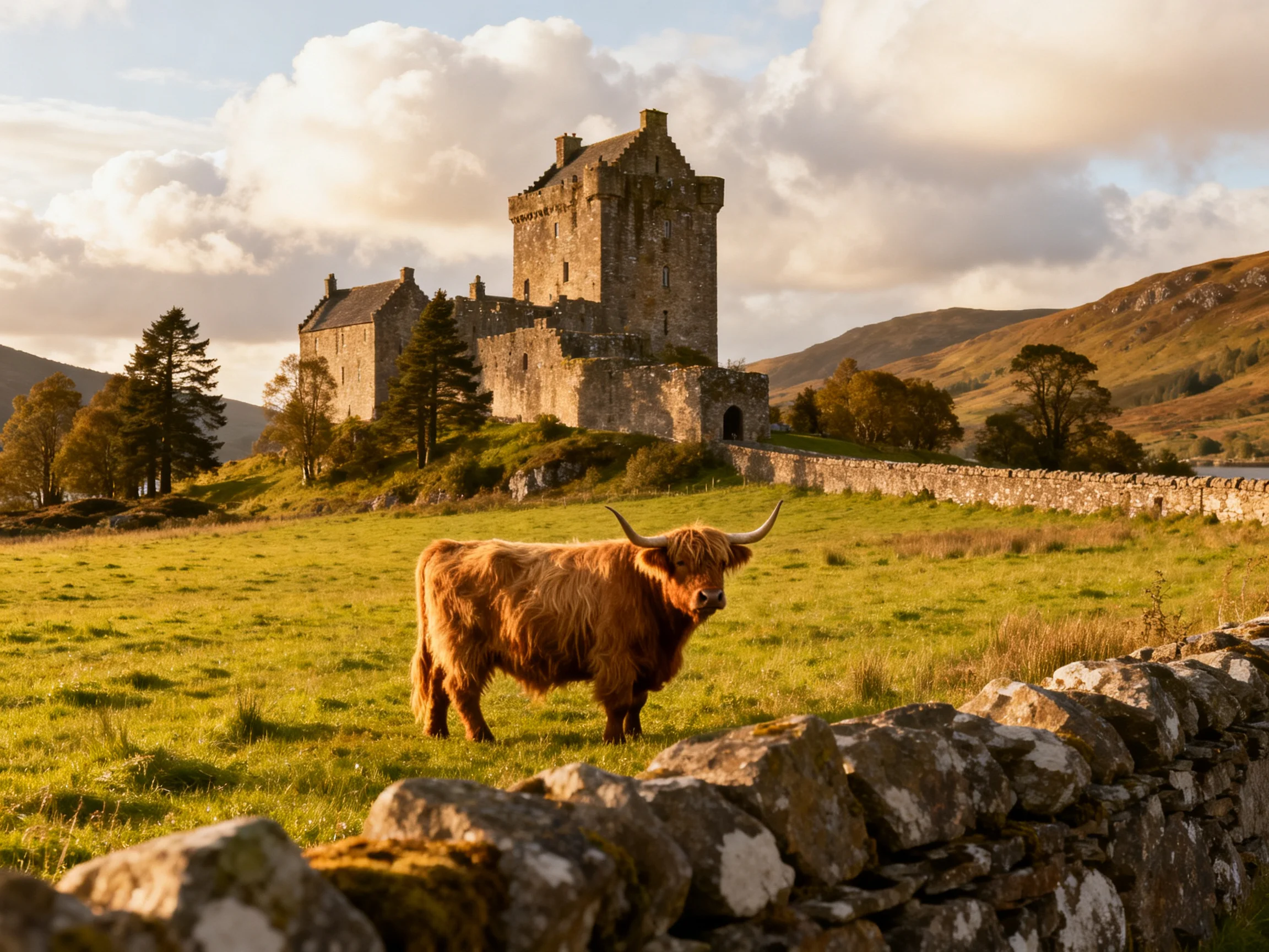A brown Highland cow near an ancient stone castle in a green meadow