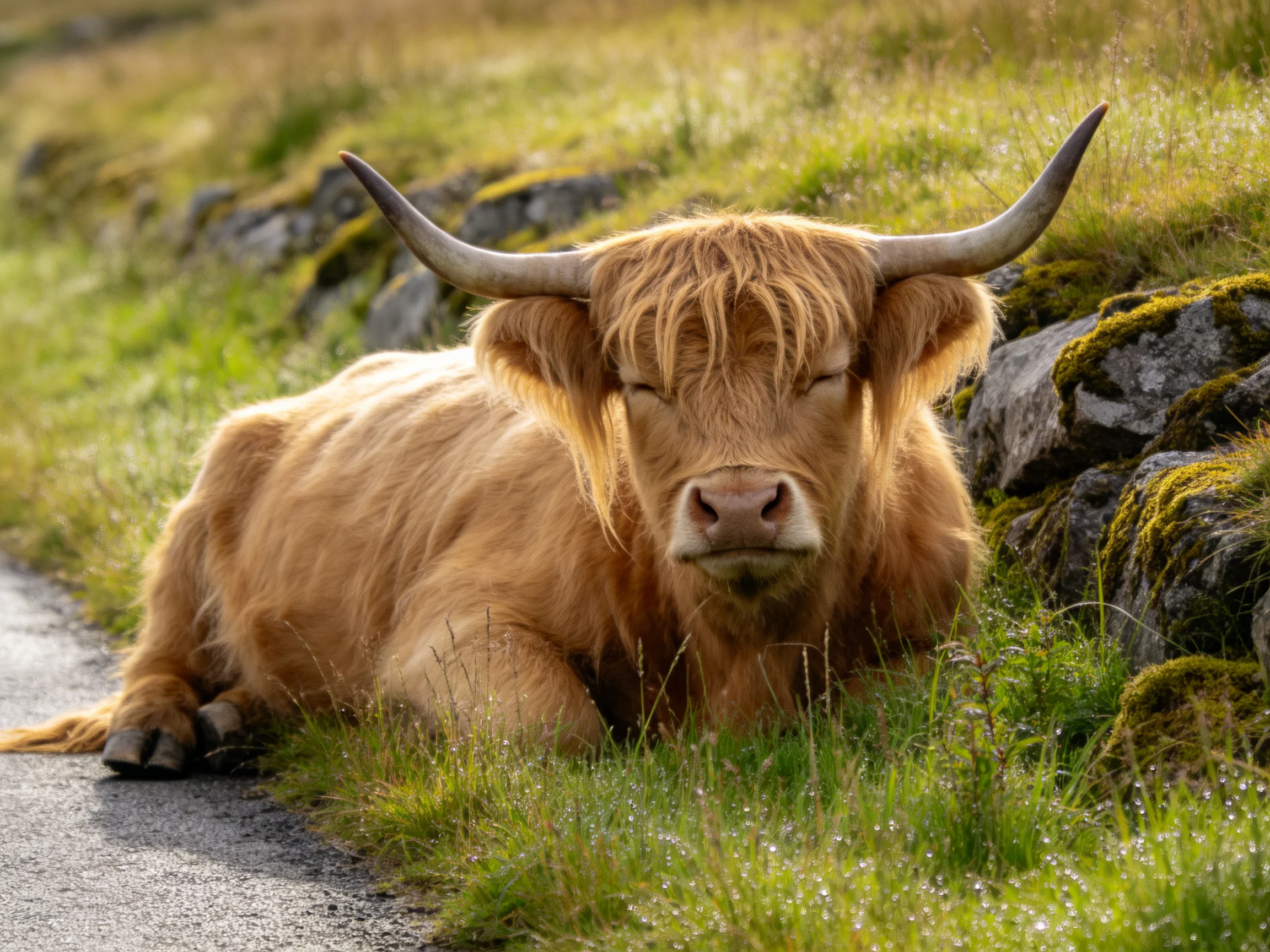 A brown Highland cow rests by moss-covered stones on a grassy path