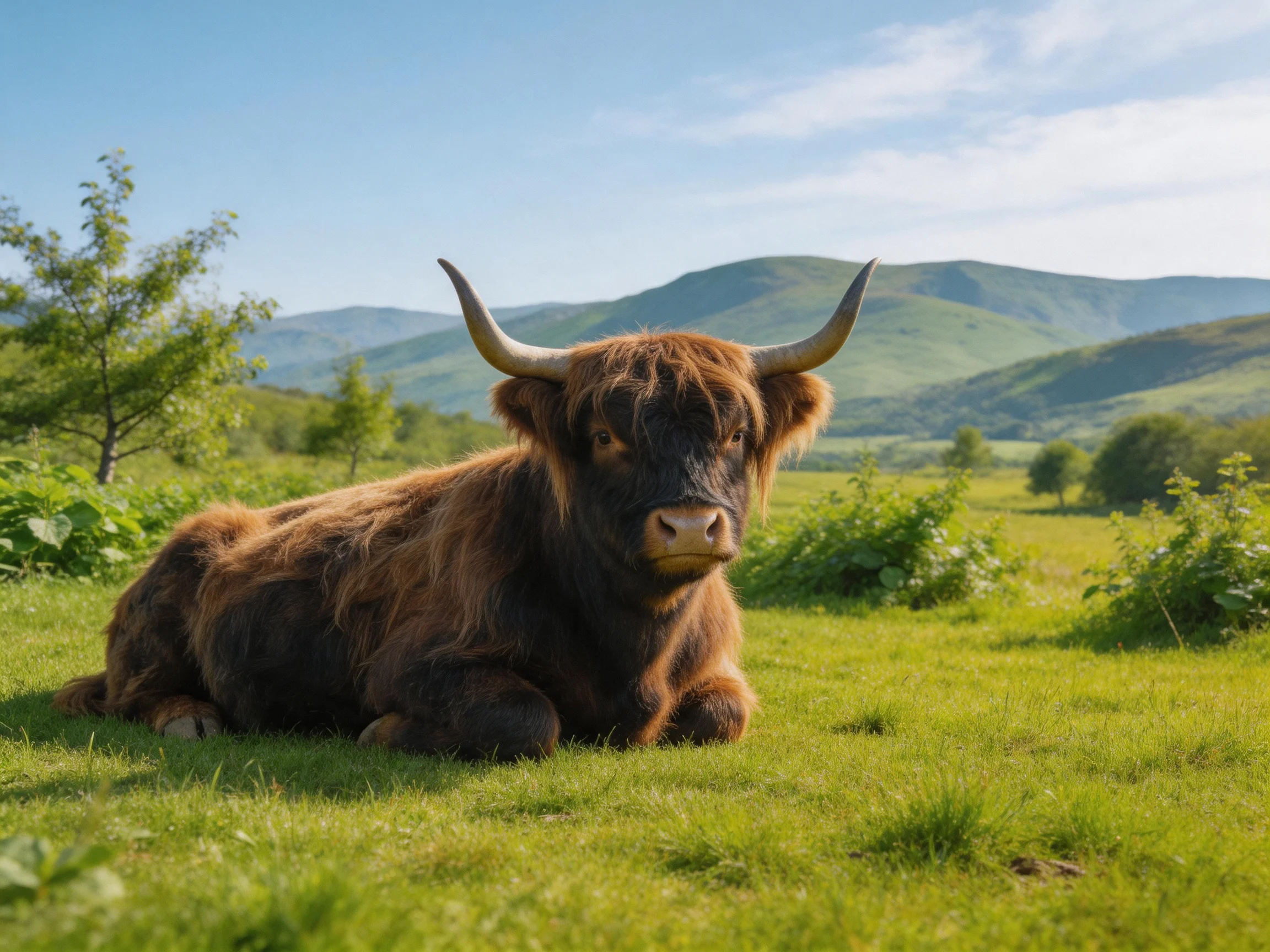 A brown Highland cow lies calmly in a sunlit meadow with rolling hills nearby.