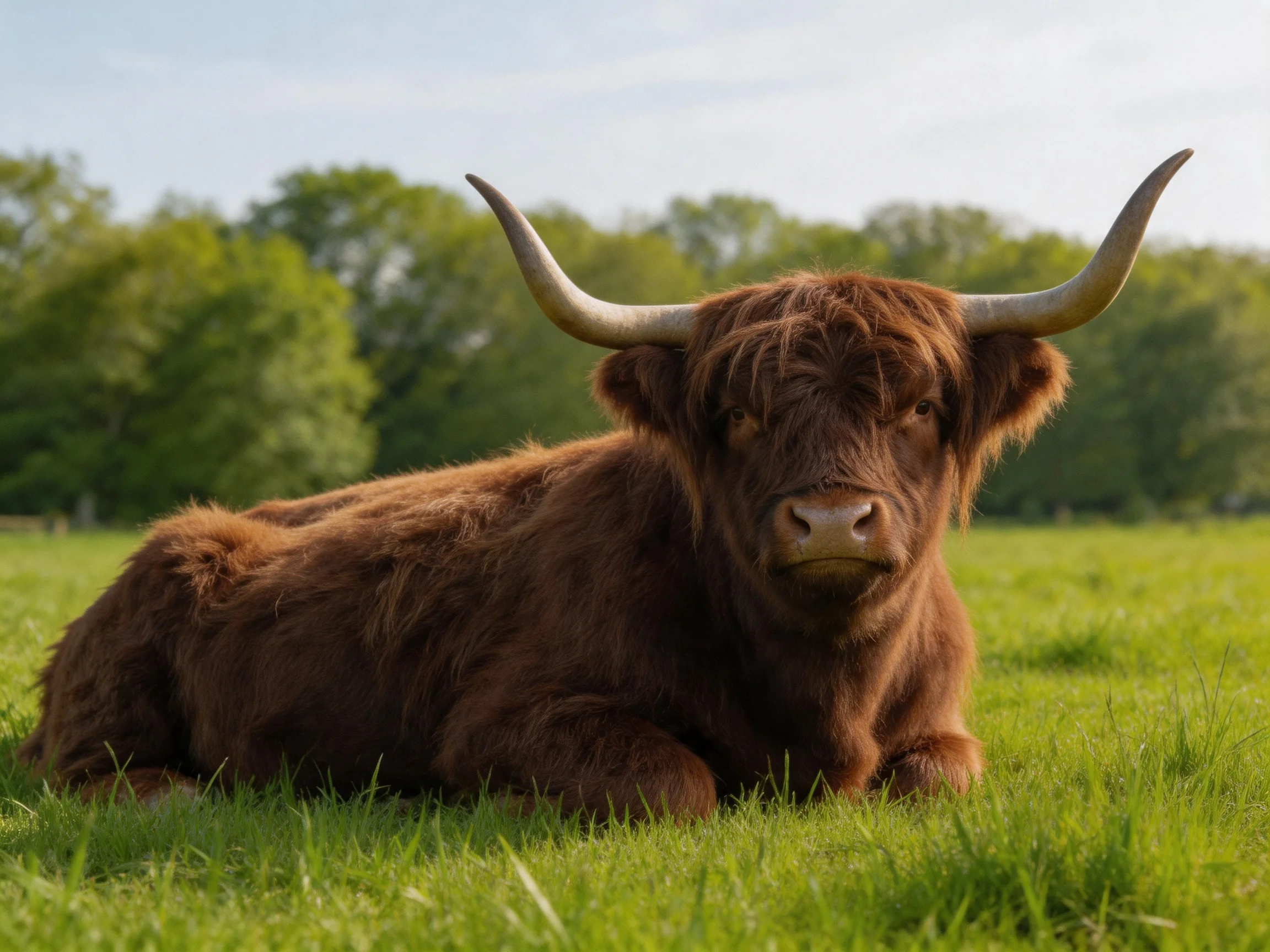 A brown Highland cow rests in a lush green meadow with trees