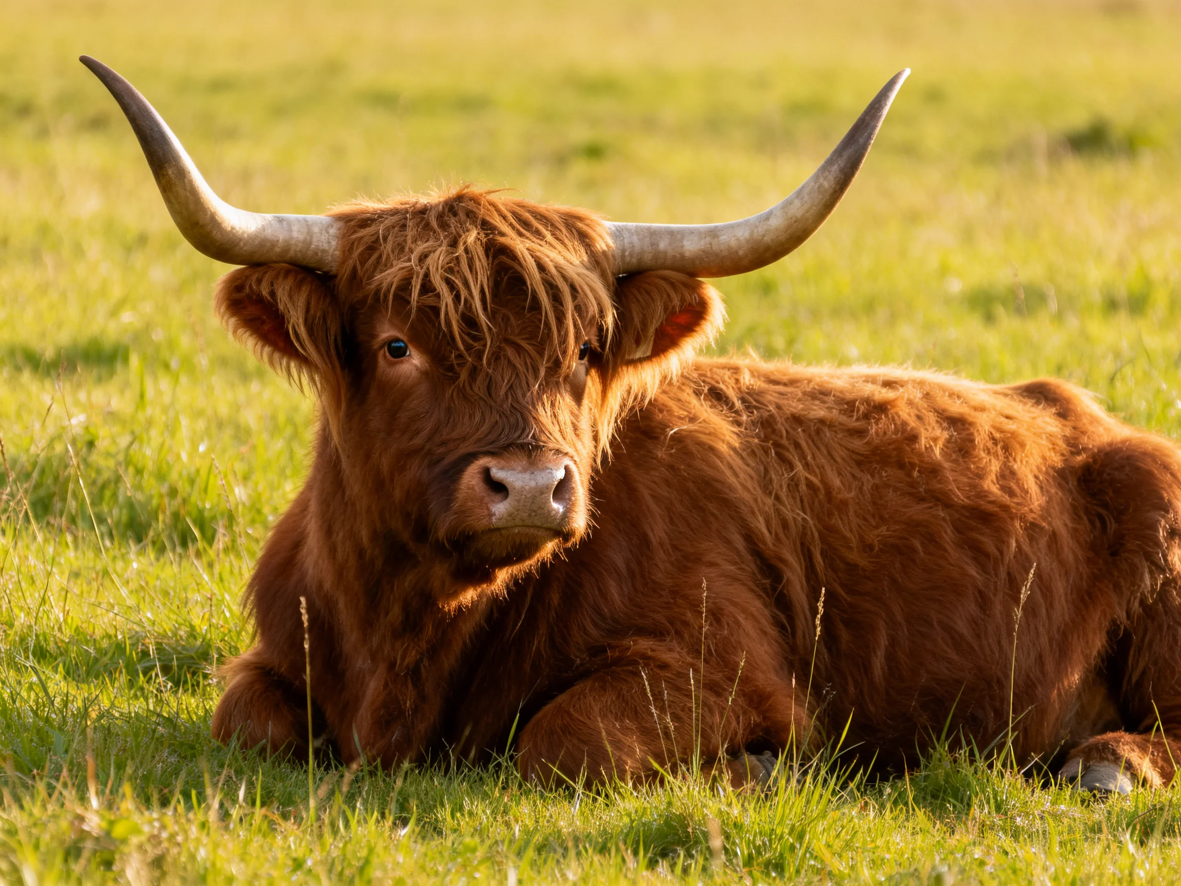 A brown Highland cow rests in a sunlit green meadow