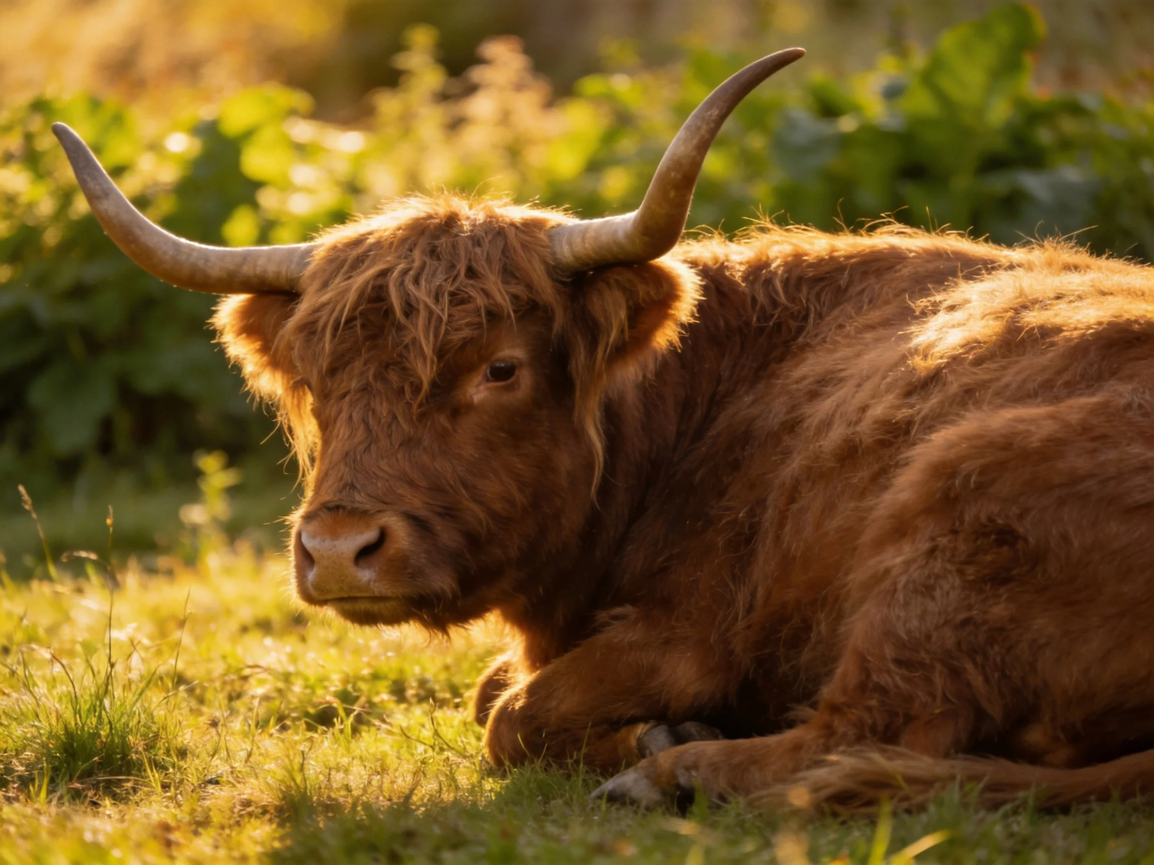 A brown Highland cow rests in a sunlit meadow