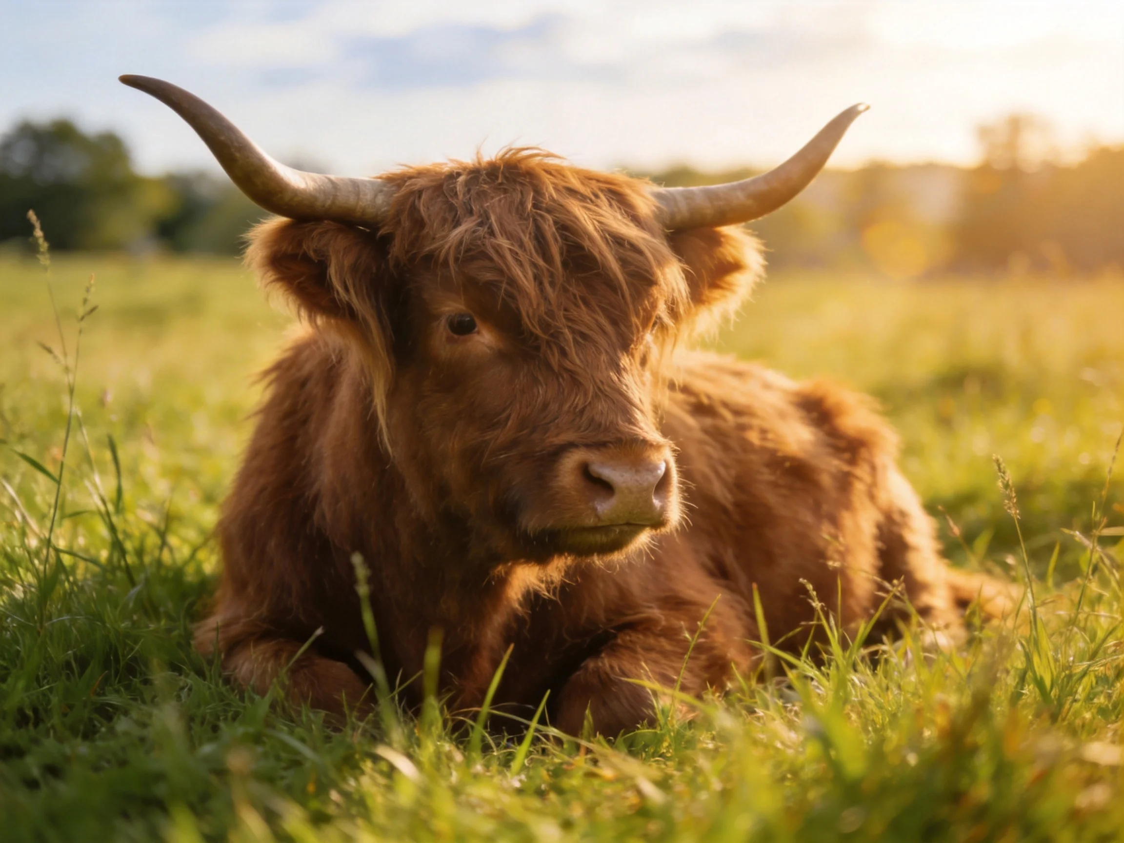 A brown Highland cow rests in sun-drenched green pasture