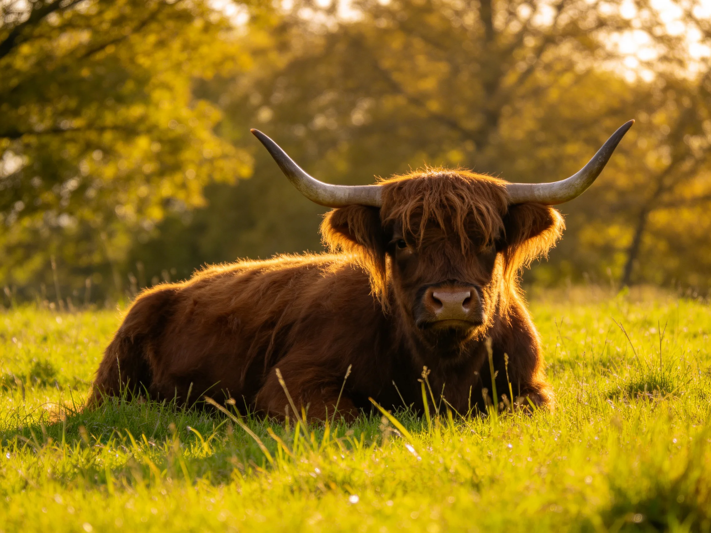 A brown Highland cow rests in sunlit green meadow
