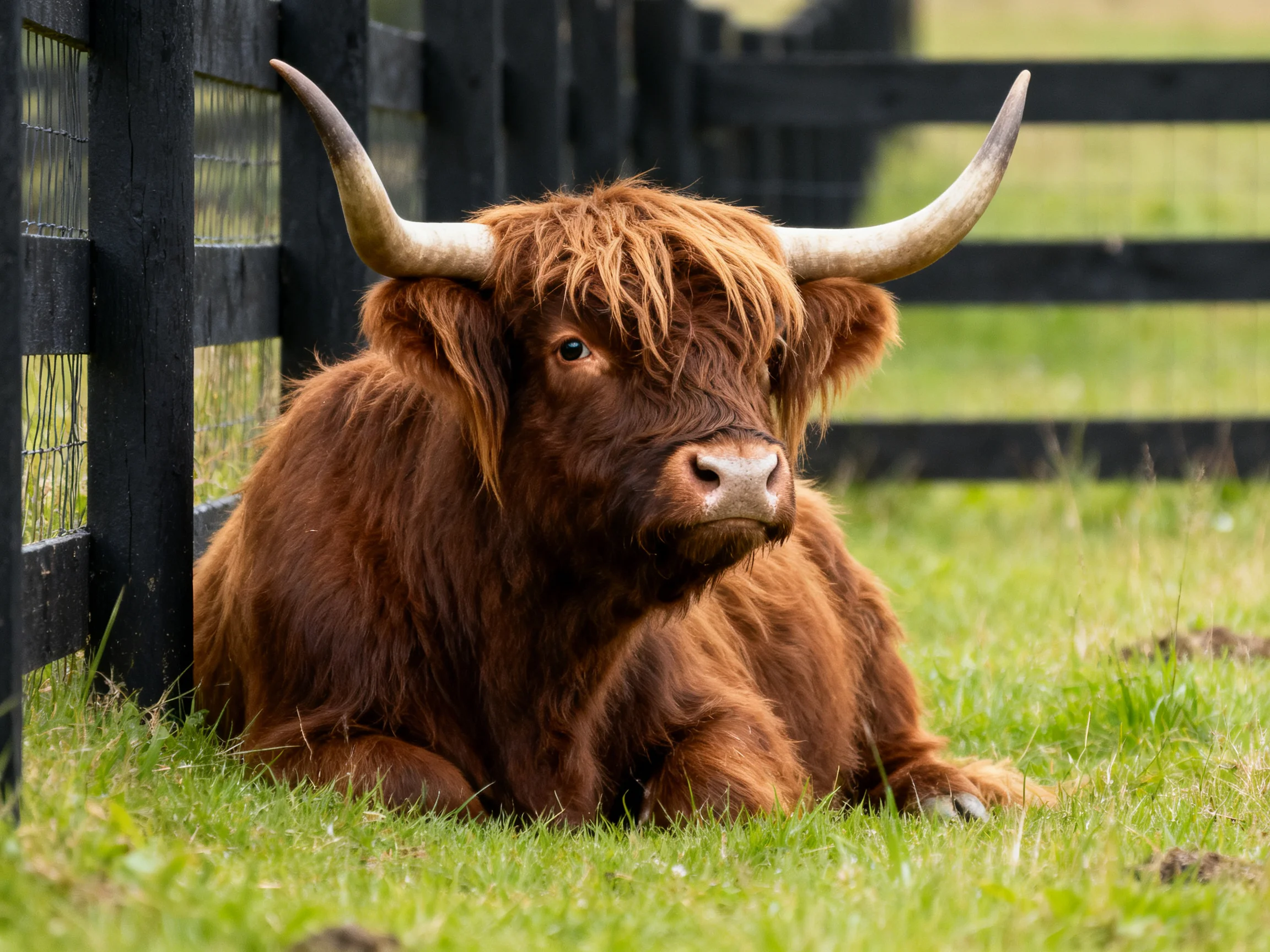 A brown Highland cow relaxes beside a black fence on lush grass.