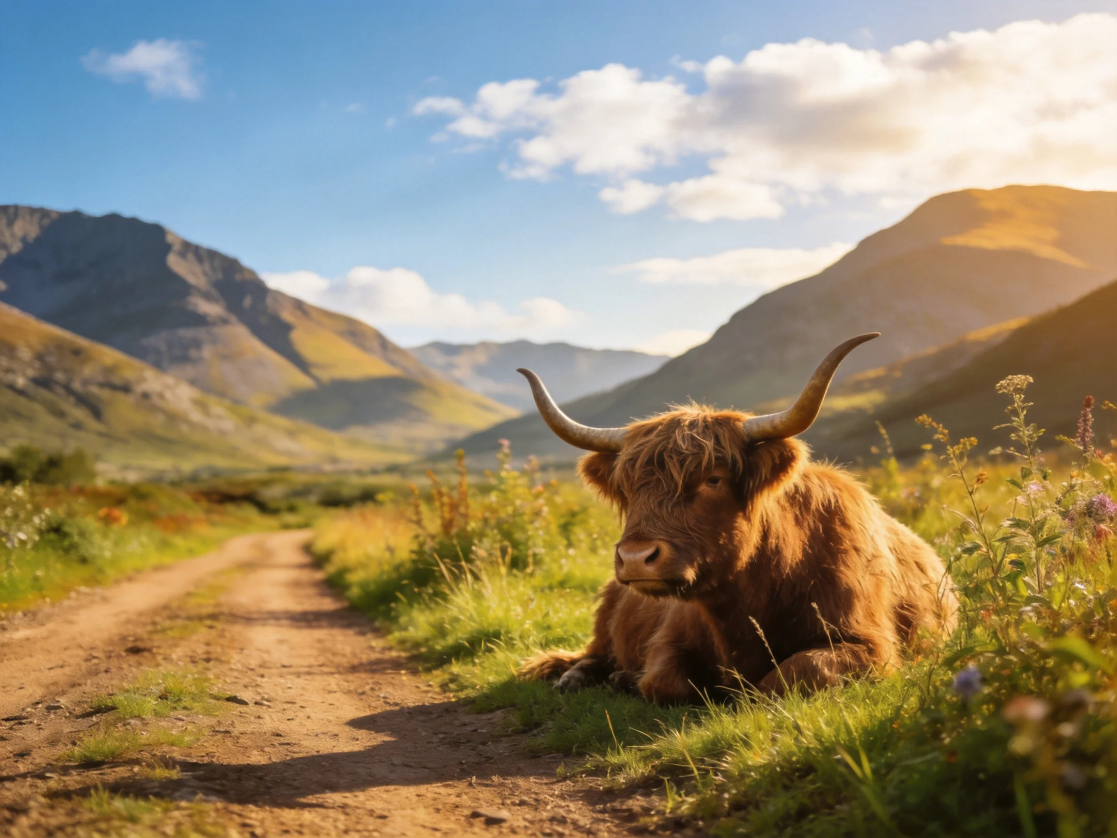 A brown Highland cow rests by a dirt path in a mountainous valley