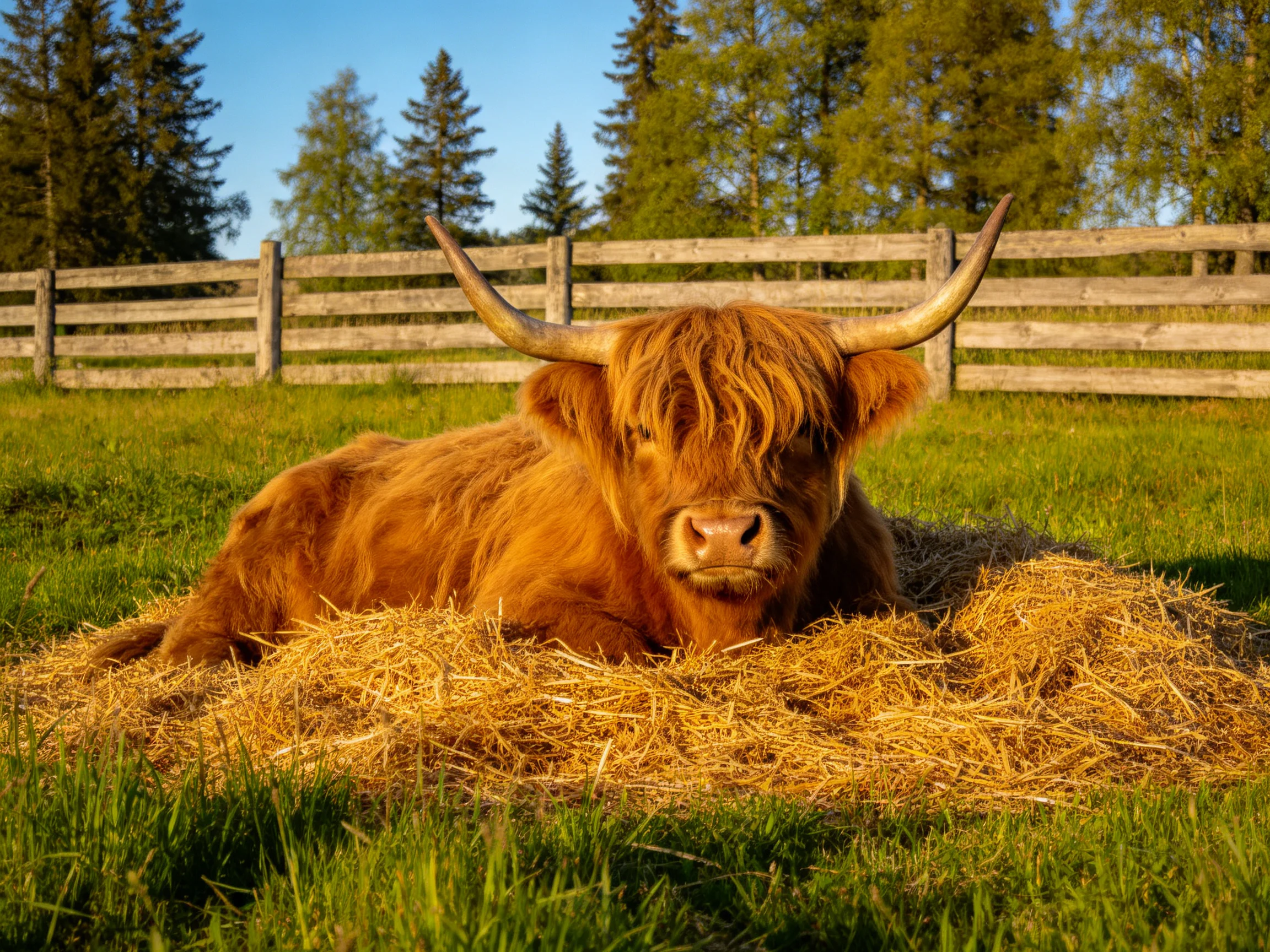 A brown Highland cow rests on golden hay near a wooden fence