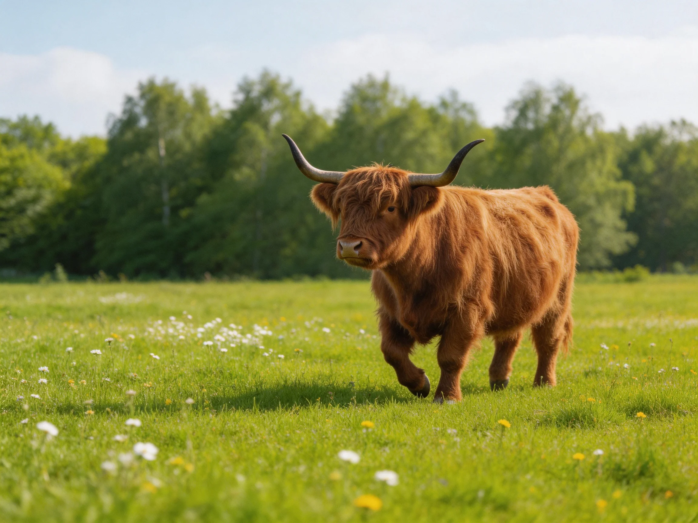 A brown Highland cow roams a vibrant green meadow dotted with wildflowers