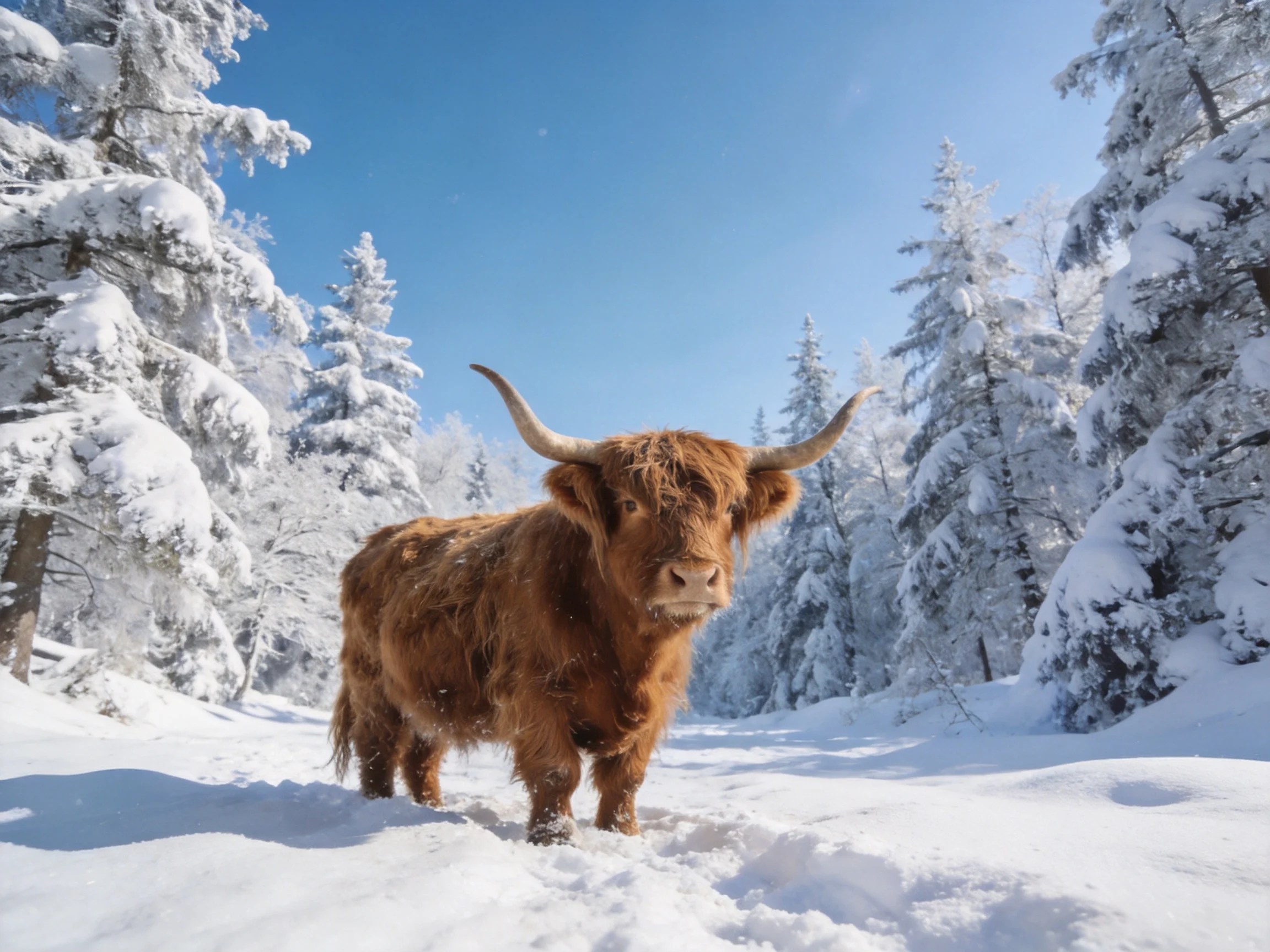 A brown Highland cow stands amid snow - covered pine trees under a clear blue sky