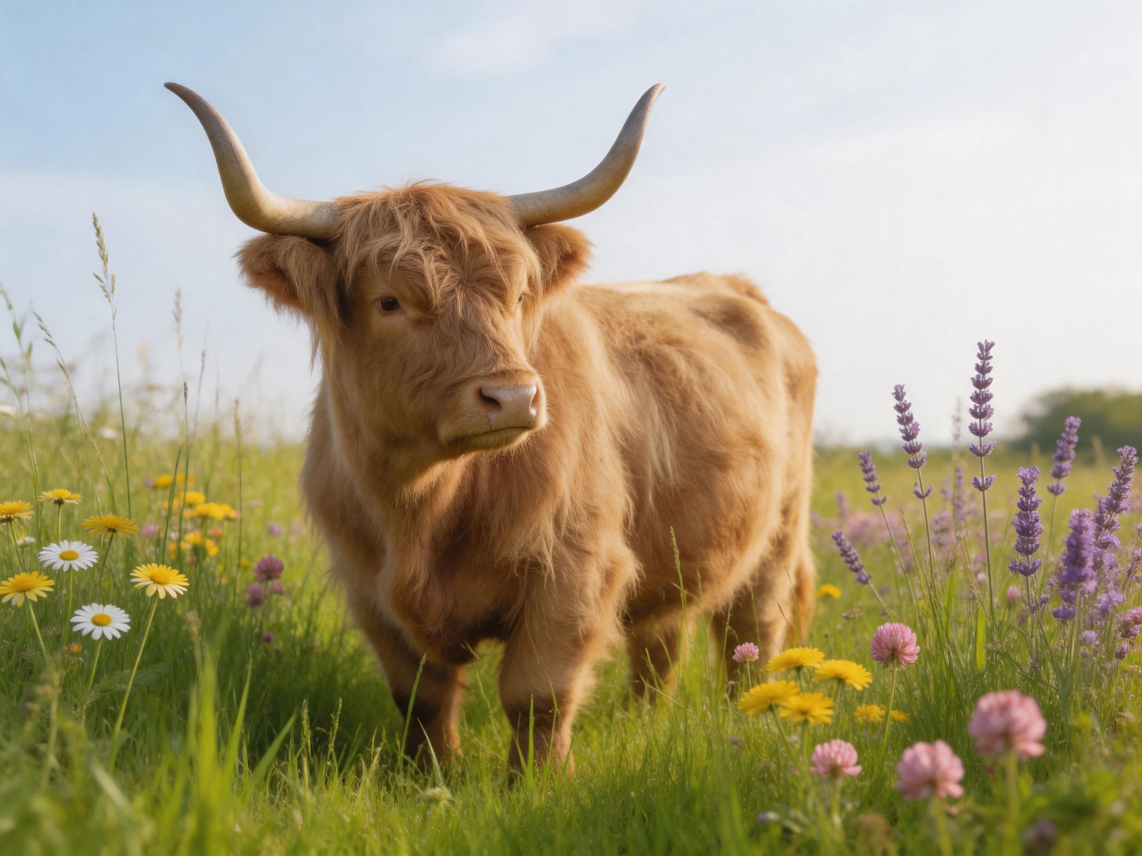 A brown Highland cow stands among colorful wildflowers in a sunny meadow