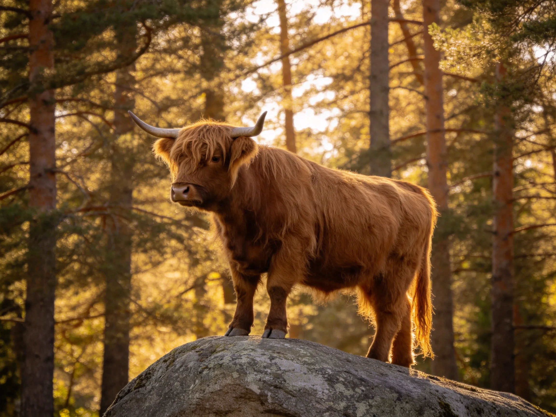 A brown Highland cow stands atop a large rock in a sunlit forest