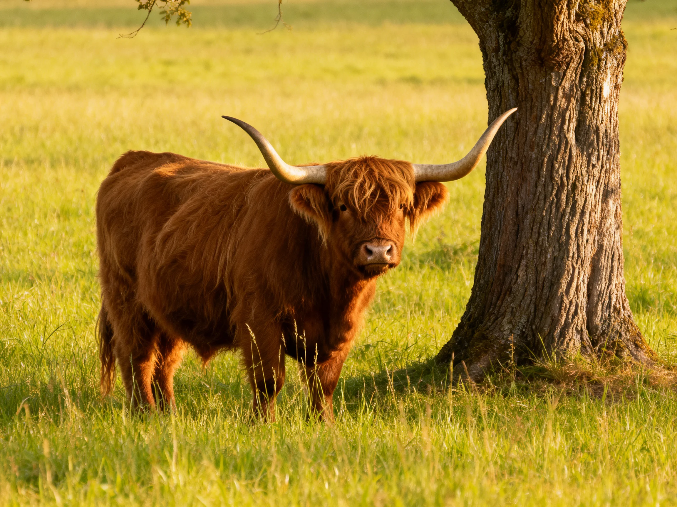 A brown Highland cow stands beside an old tree in a sunlit meadow
