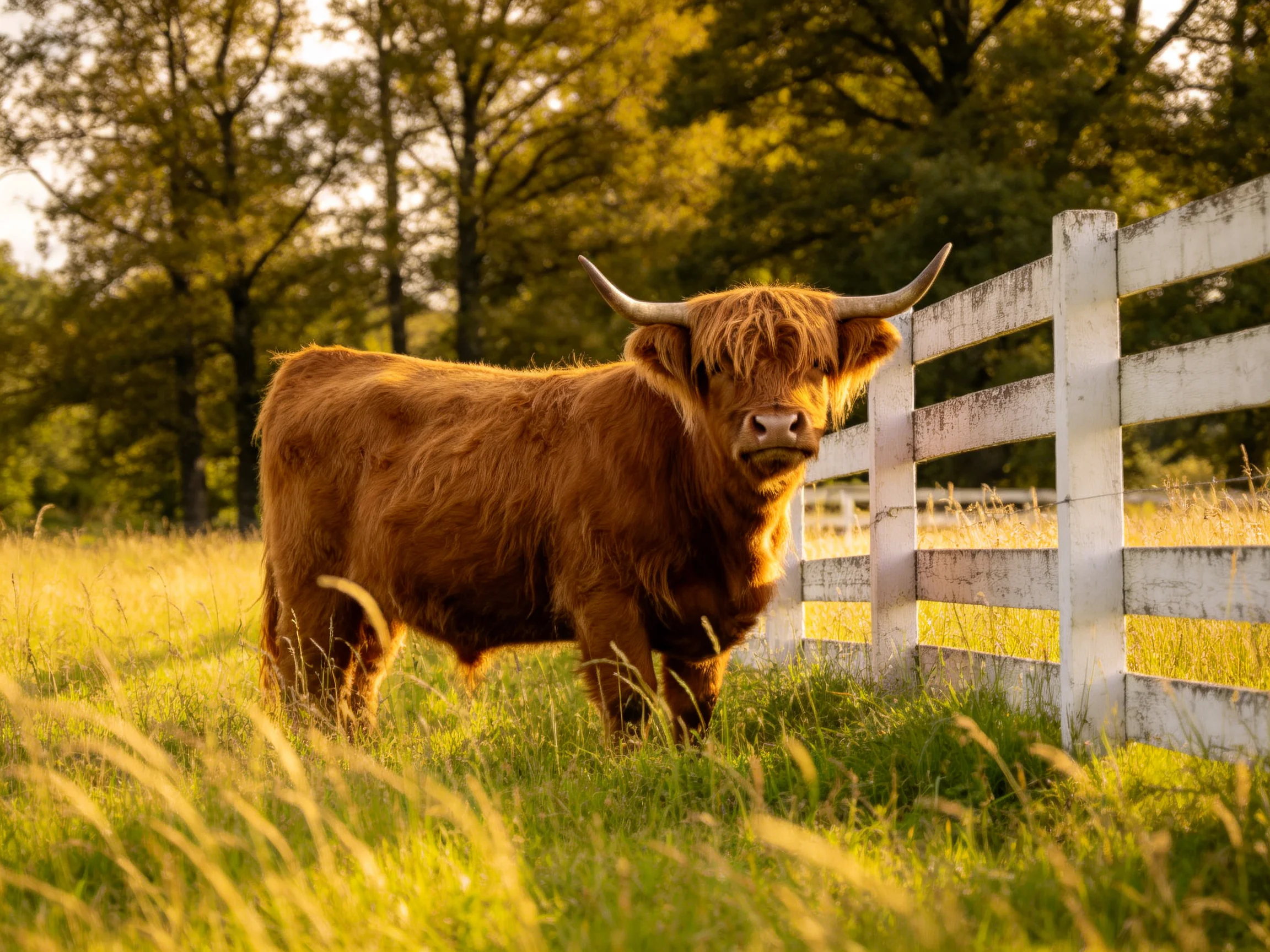 A brown Highland cow stands by a weathered white fence in golden grass