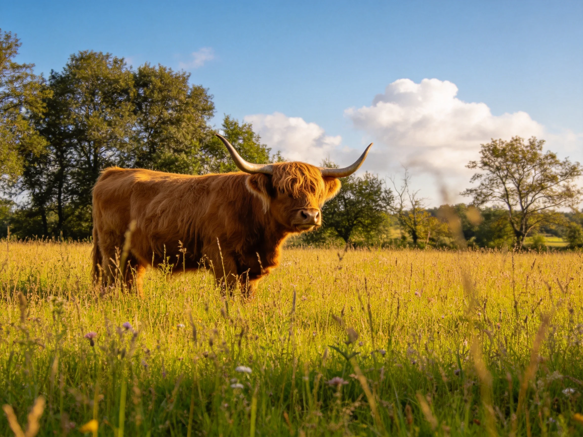 A brown Highland cow stands in a golden meadow near green trees