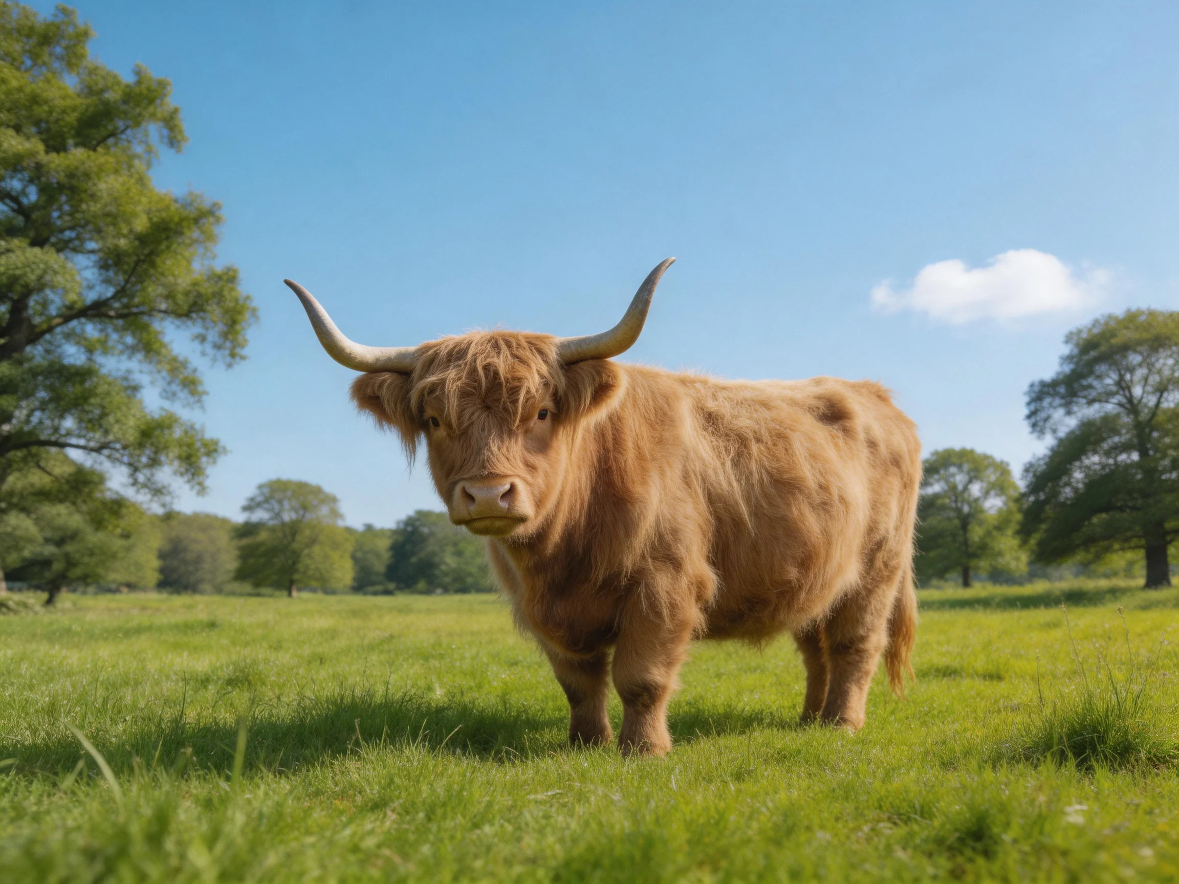 A brown Highland cow stands in a lush green meadow under clear blue sky