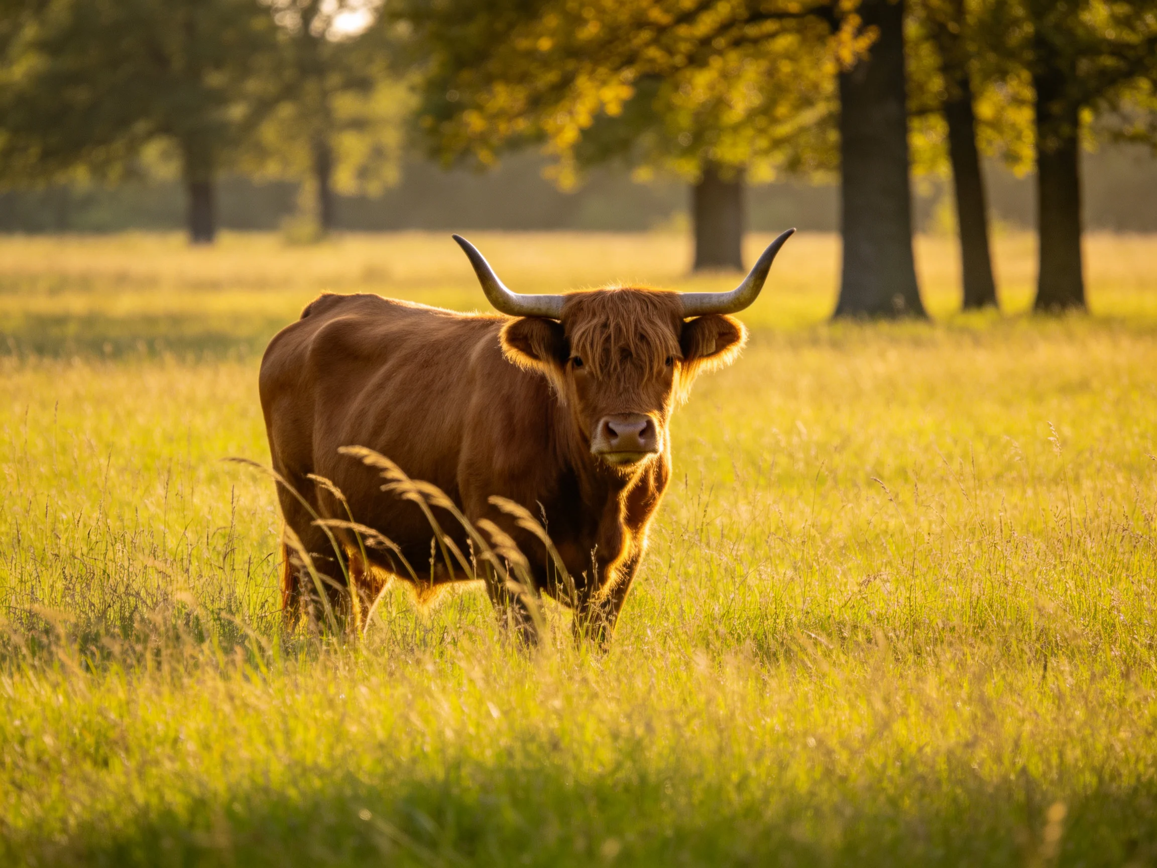 A brown Highland cow stands in a sunlit golden meadow