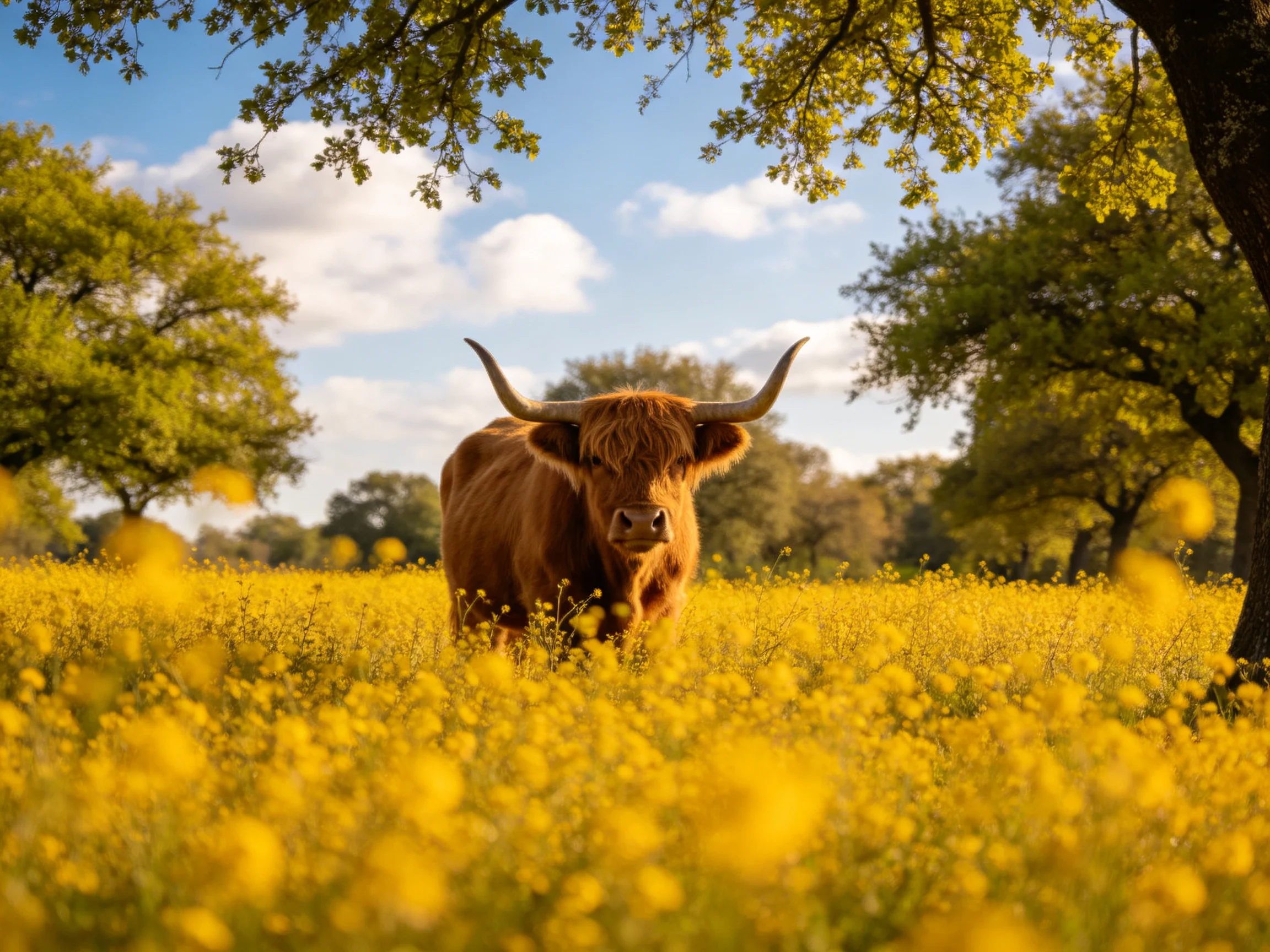 A brown Highland cow stands in a yellow-flowered meadow surrounded by green trees
