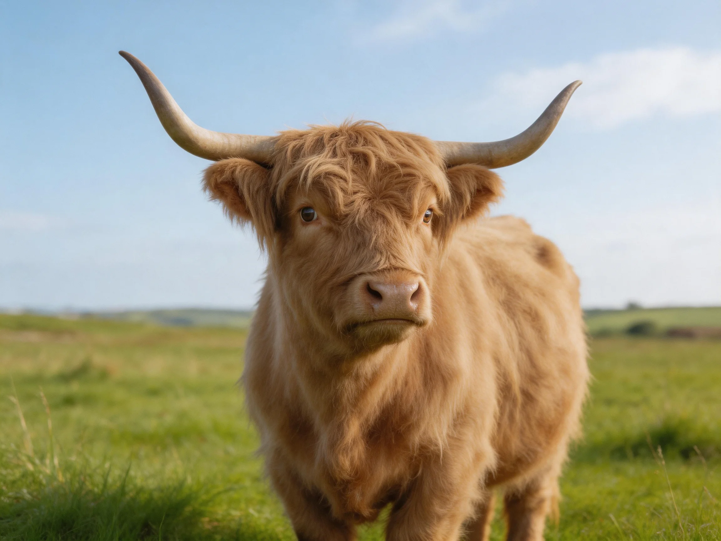 A brown Highland cow stands in an open green meadow