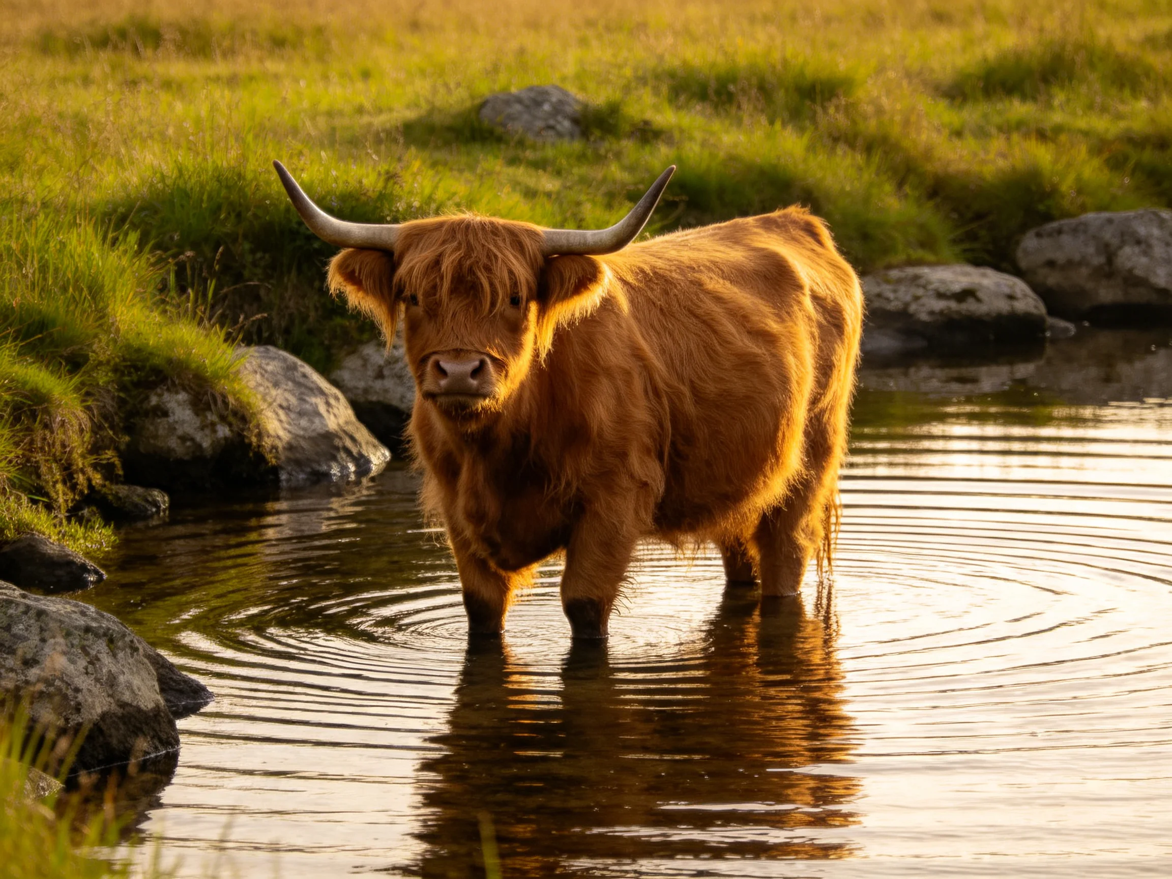 A brown Highland cow stands in shallow water near rocky terrain