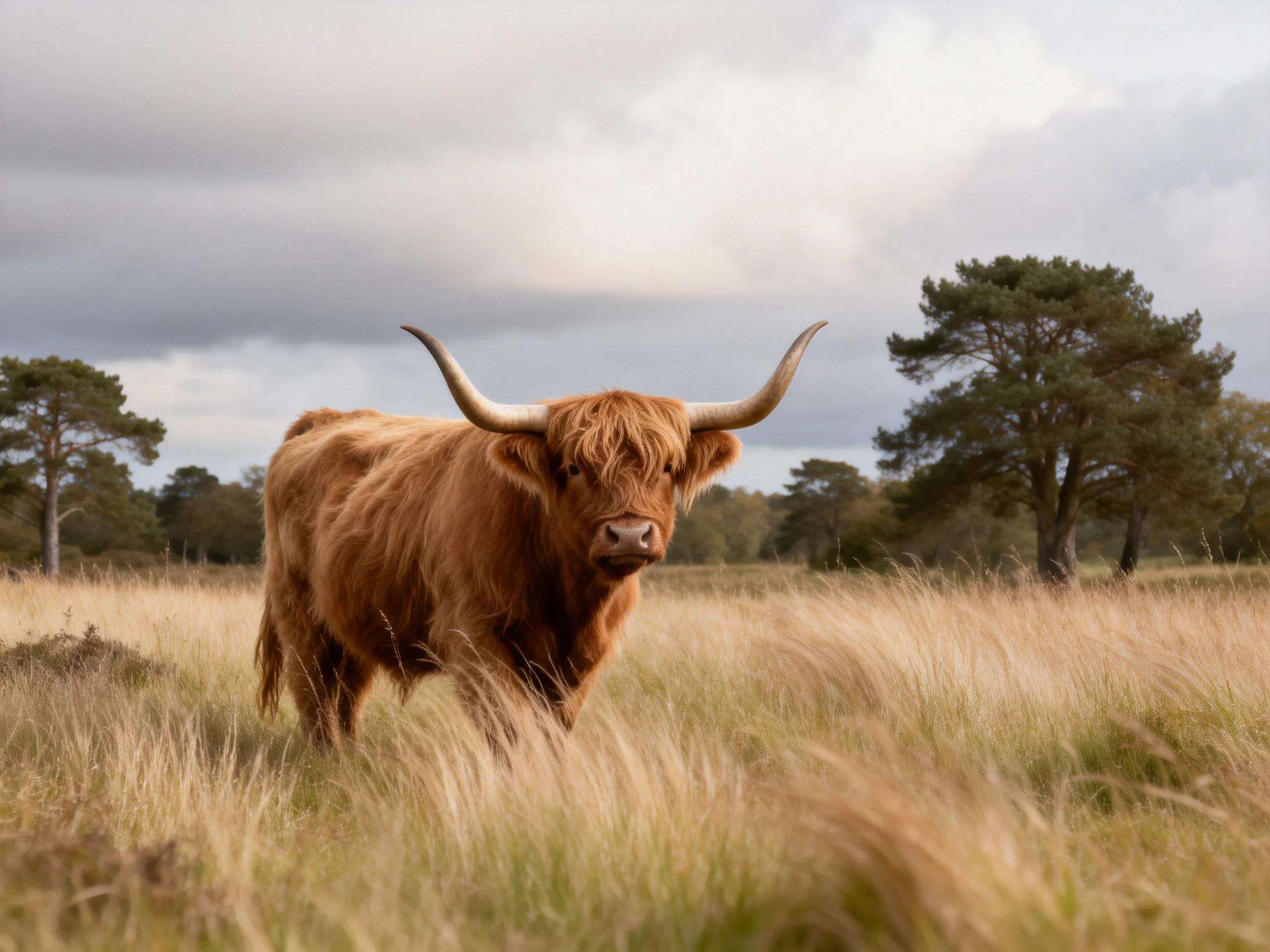 A brown Highland cow stands in tall golden grass near pine trees