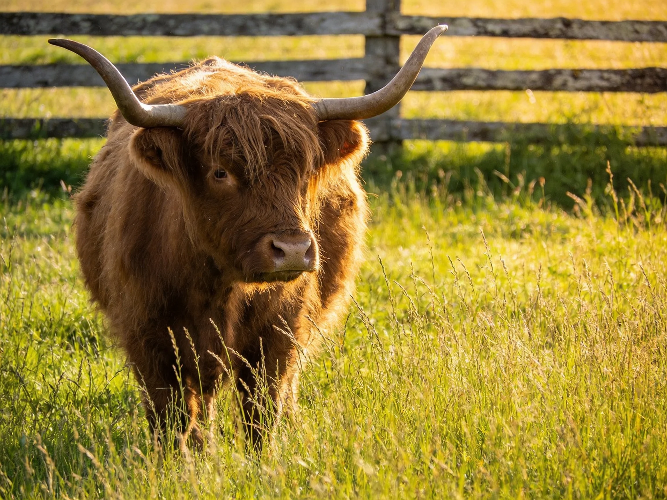 A brown Highland cow stands in tall green grass near a wooden fence