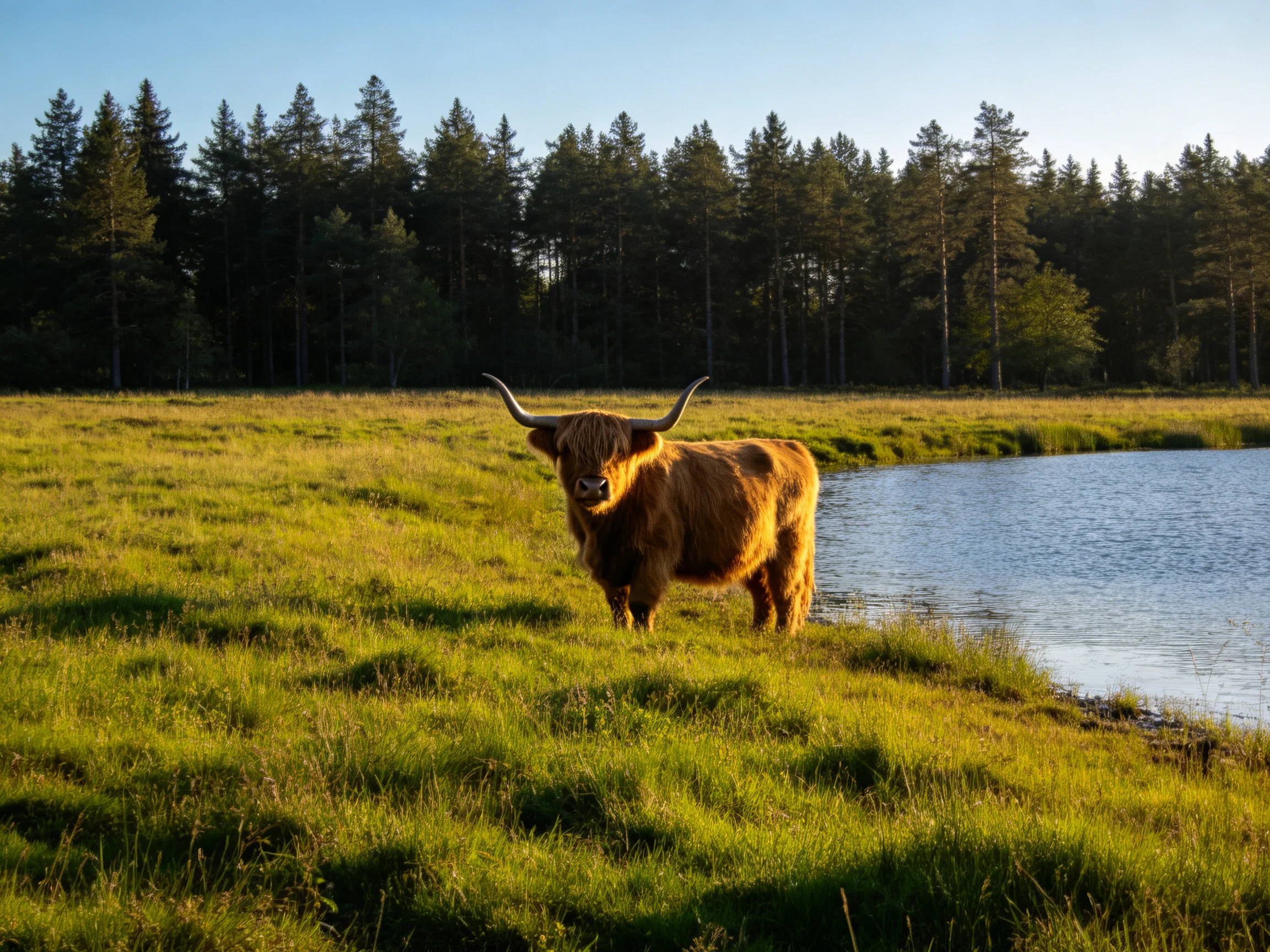 A brown Highland cow stands near a calm pond with lush green meadow