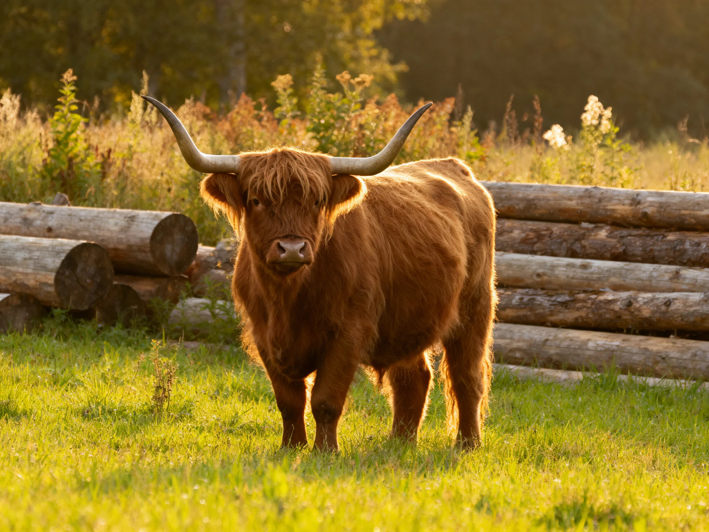 A brown Highland cow stands in a sunlit field with stacked logs behind