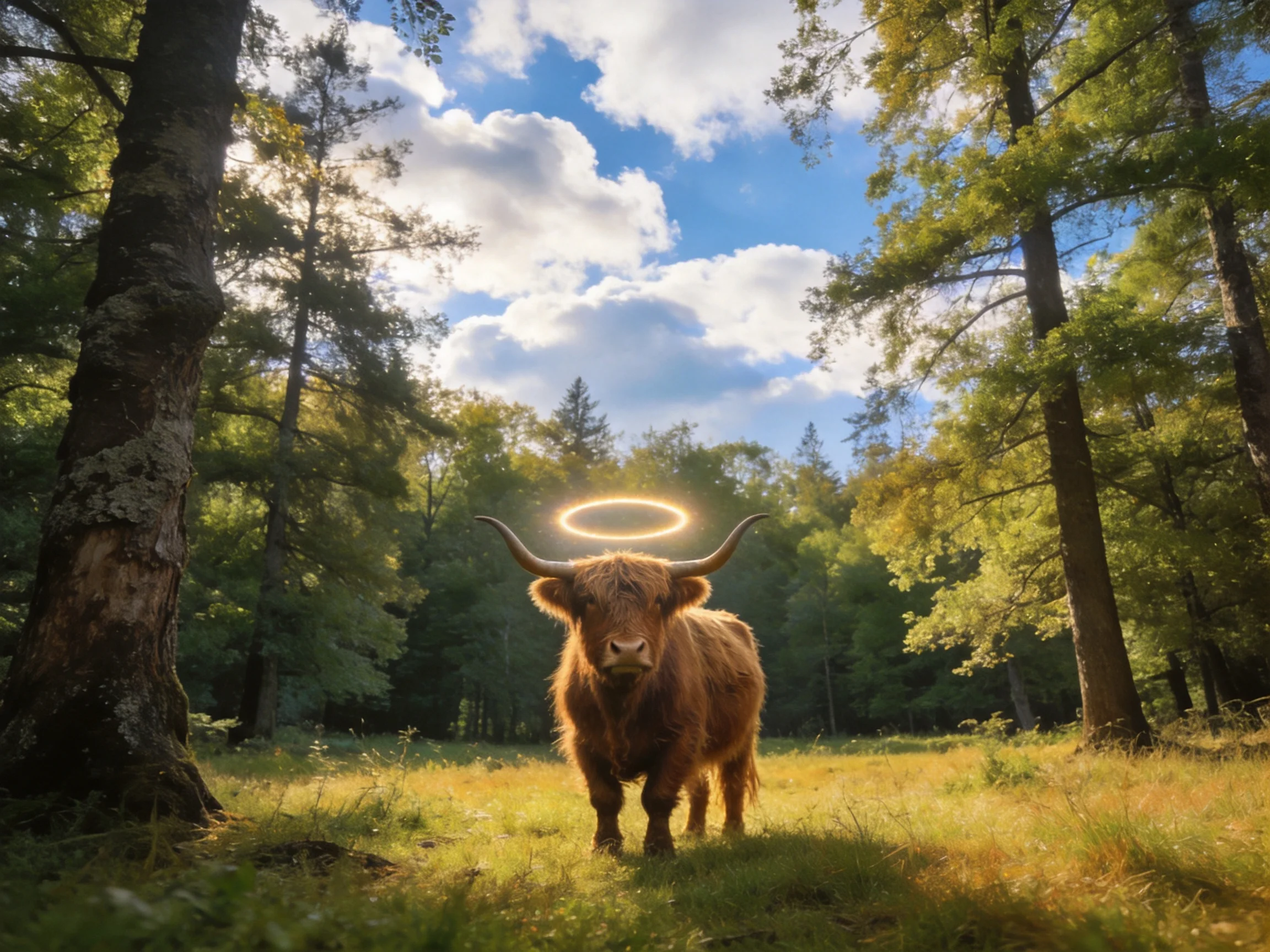 A brown Highland cow with a glowing halo in a sunlit forest clearing