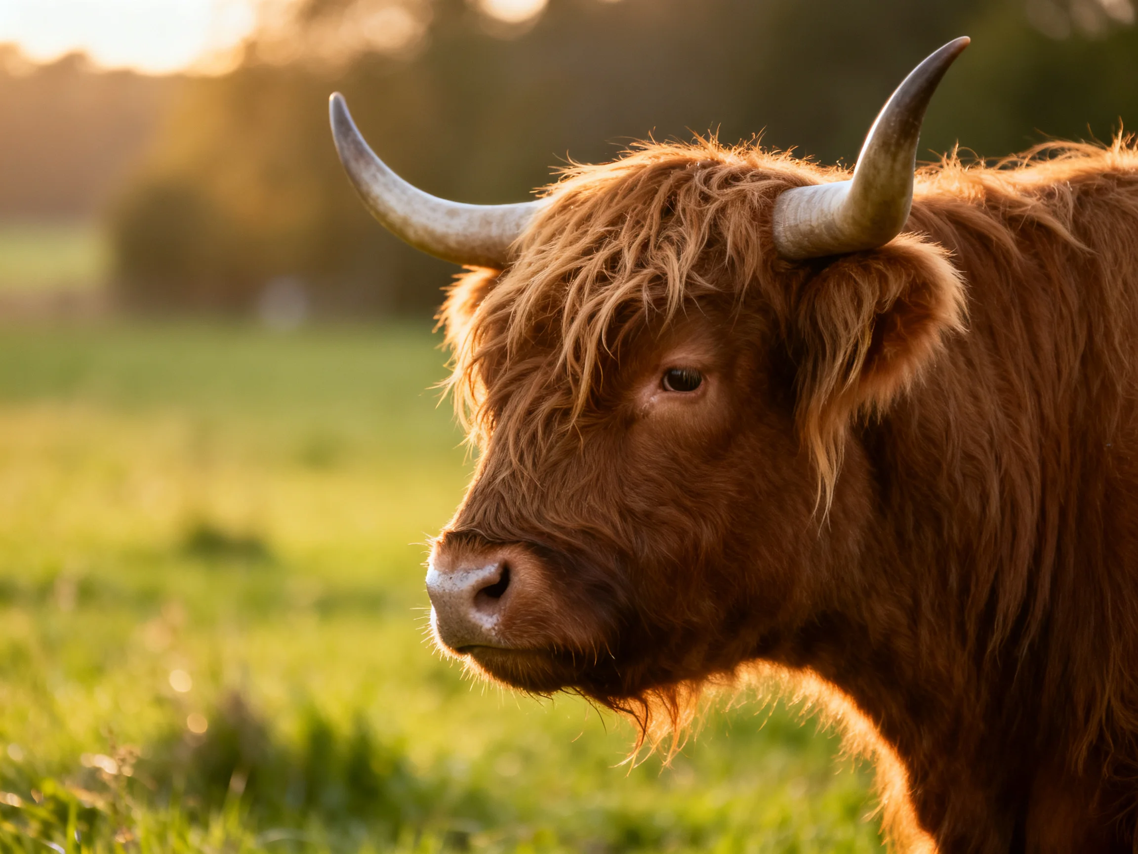 A brown Highland cow with curved horns in a sunlit meadow