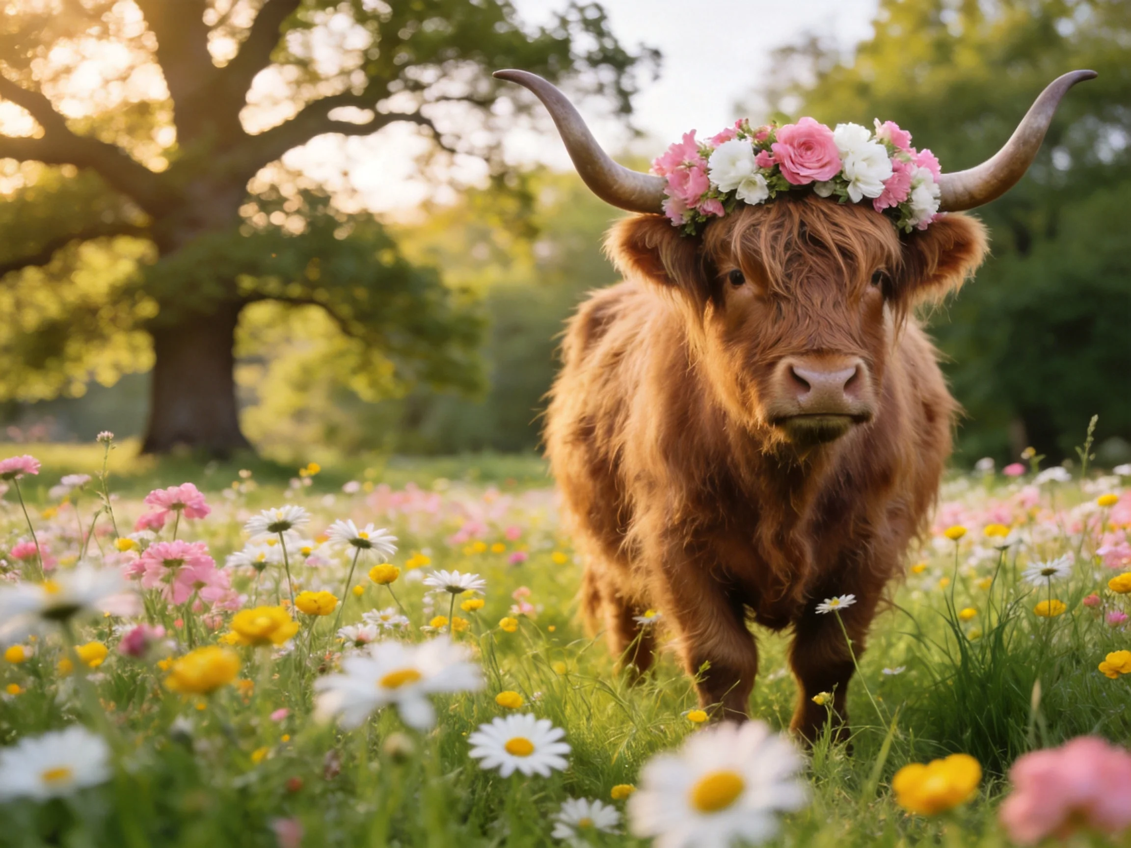A brown Highland cow with floral crown in colorful flower field
