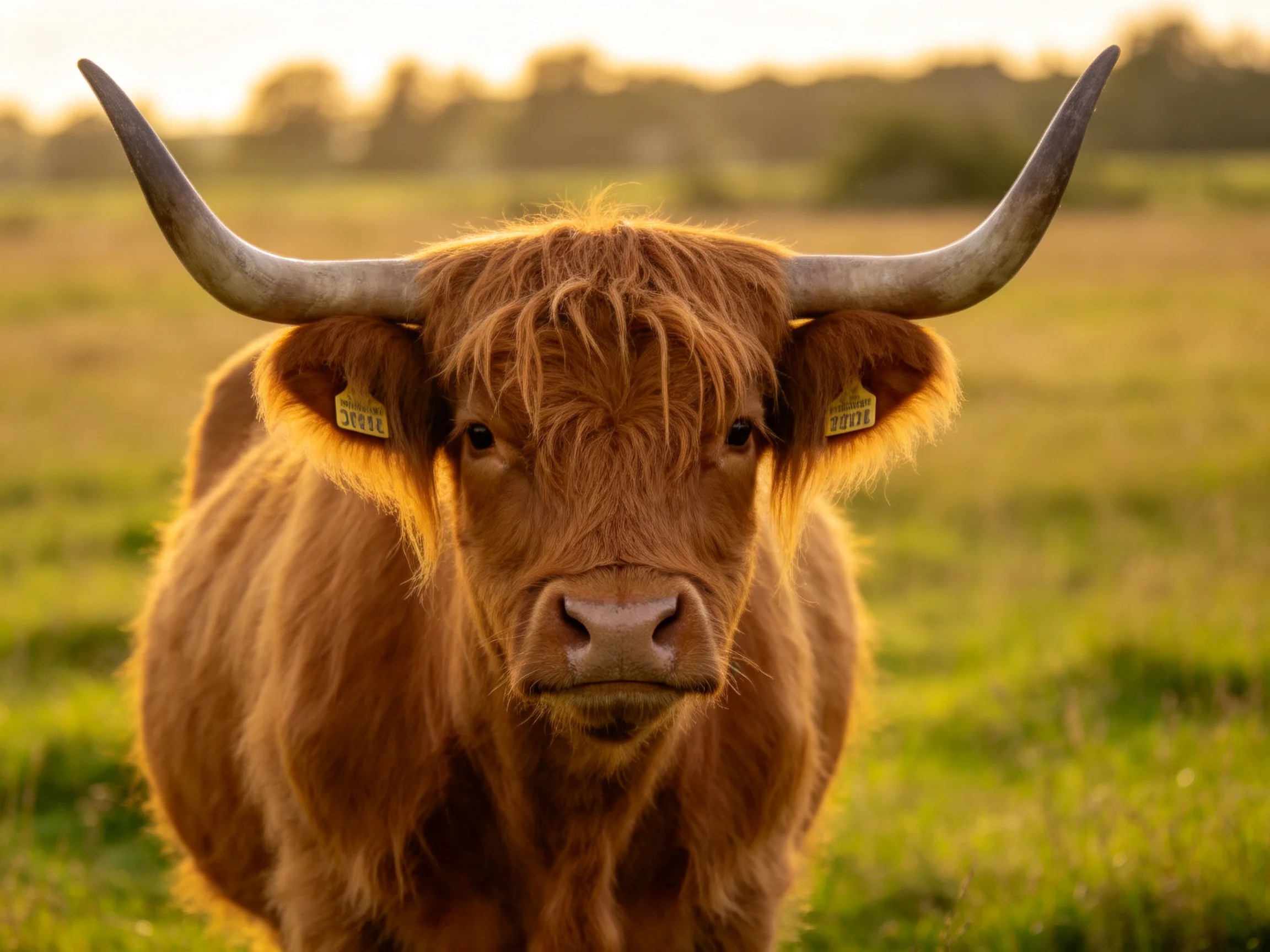 A brown Highland cow with large curved horns in a sunlit meadow